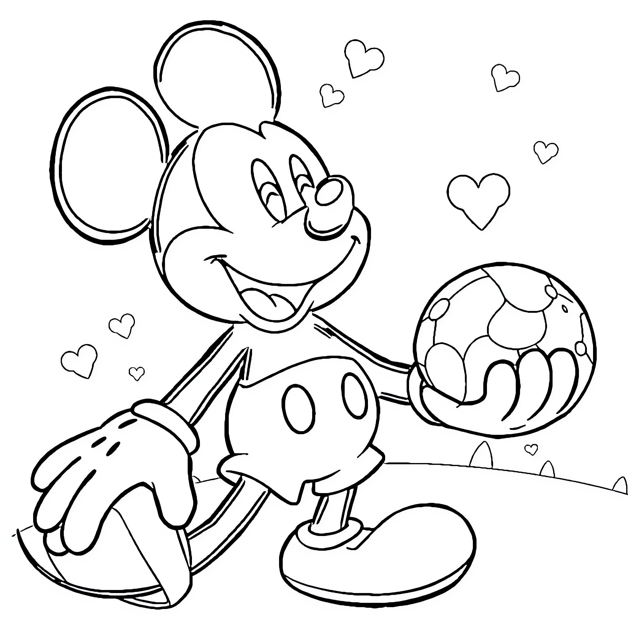 Mickey Mouse holding a soccer ball and smiling Coloring Page (free black-and-white line drawing printable PDF for all, from beginners to advanced learners, including children, teens, adults, and seniors)