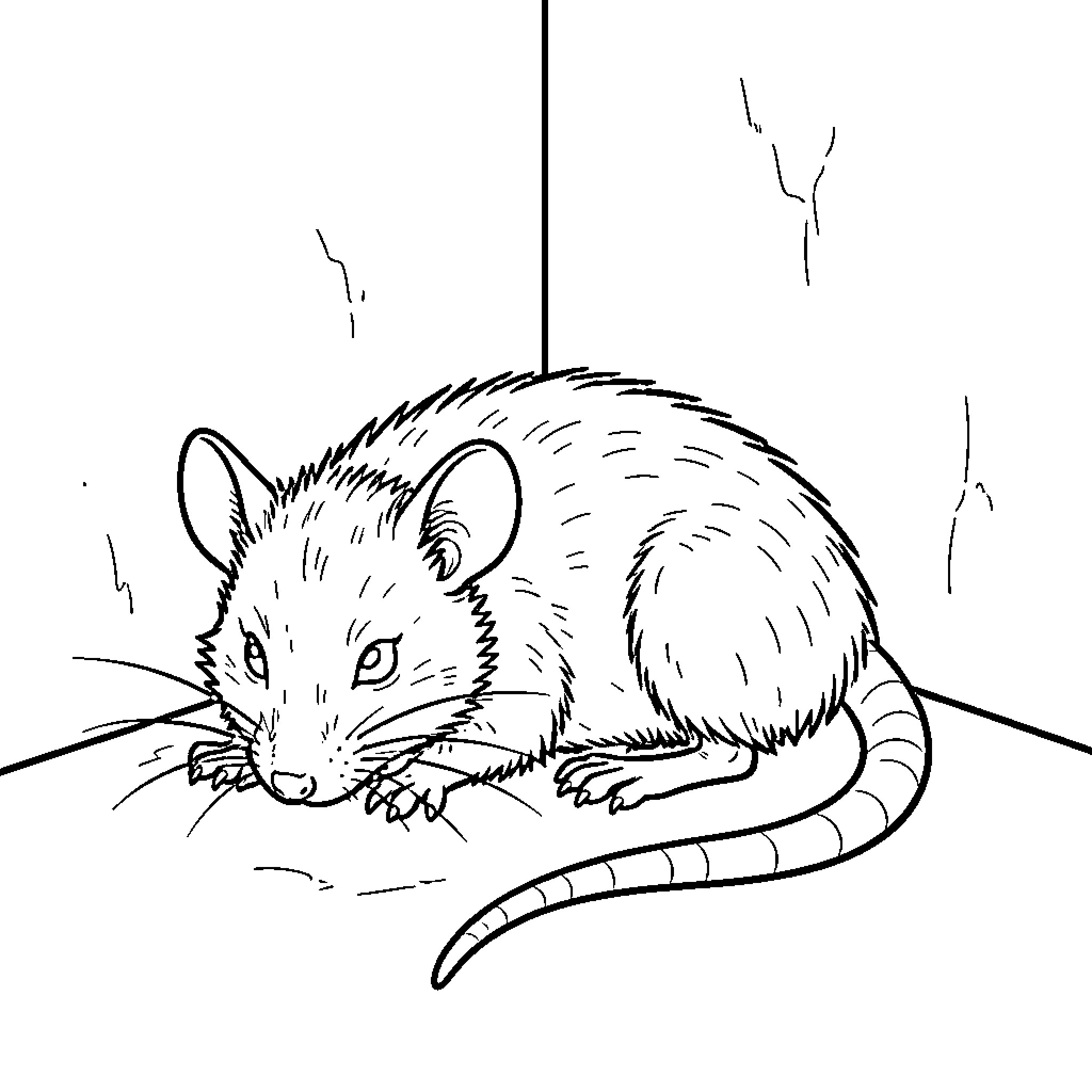 Death Mouse sitting quietly in a corner Coloring Page (free black-and-white line drawing printable PDF for all, from beginners to advanced learners, including children, teens, adults, and seniors)