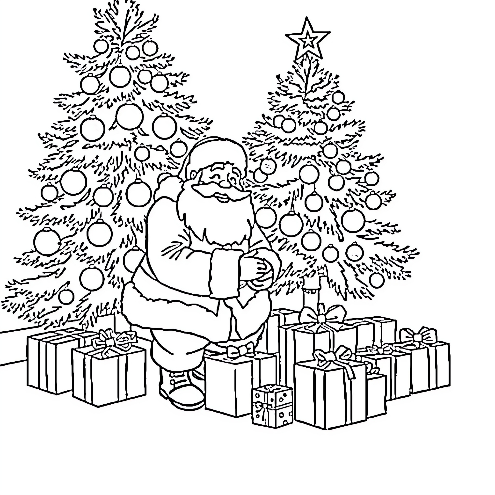 Santa Claus decorating Christmas trees with presents Coloring Page (free black-and-white line drawing printable PDF for all, from beginners to advanced learners, including children, teens, adults, and seniors)