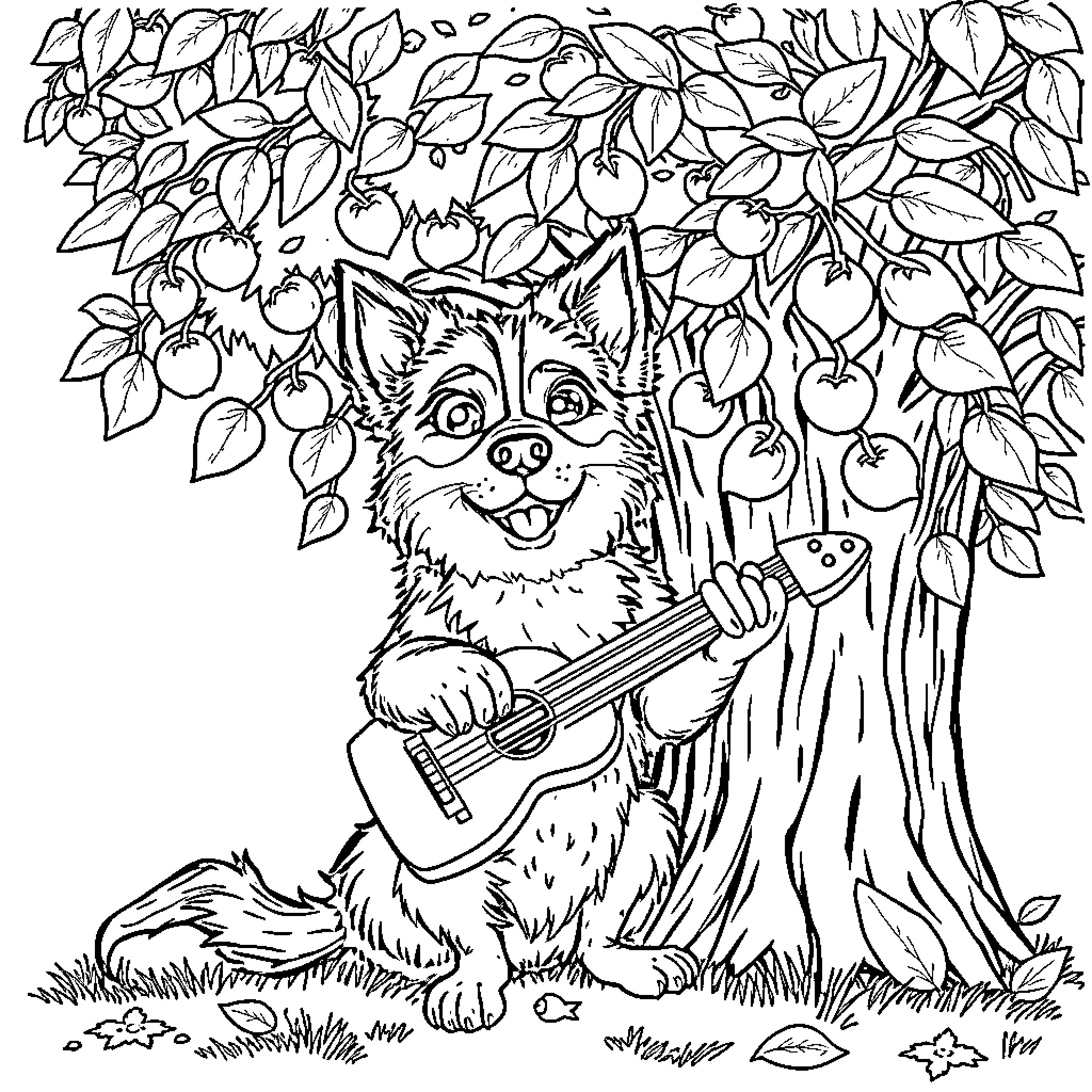 German Shepherd Playing Guitar in Apple Orchard Coloring Page (free black-and-white line drawing printable PDF for all, from beginners to advanced learners, including children, teens, adults, and seniors)