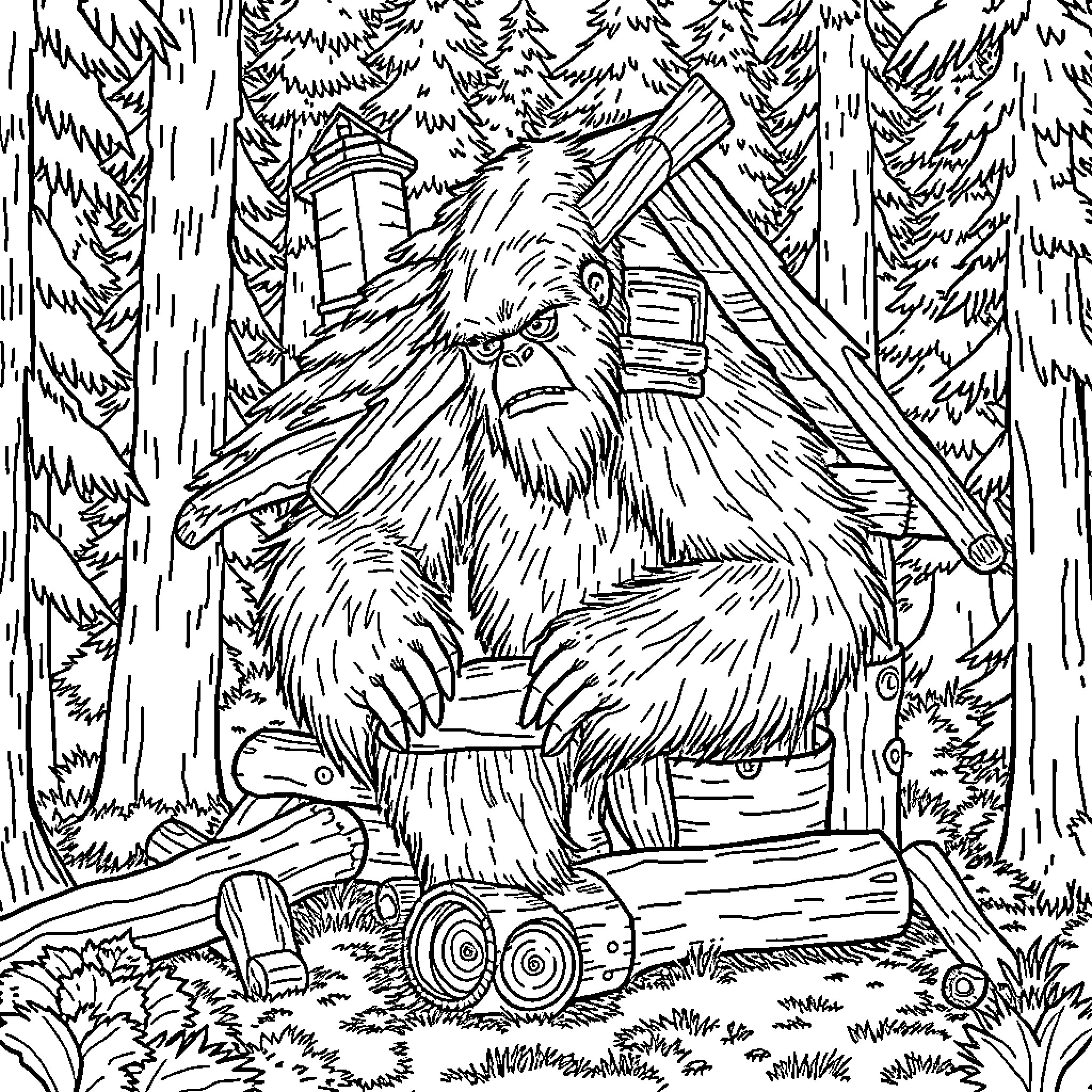Sasquatch Spotted Gathering Firewood in the Forest Coloring Page (free black-and-white line drawing printable PDF for all, from beginners to advanced learners, including children, teens, adults, and seniors)