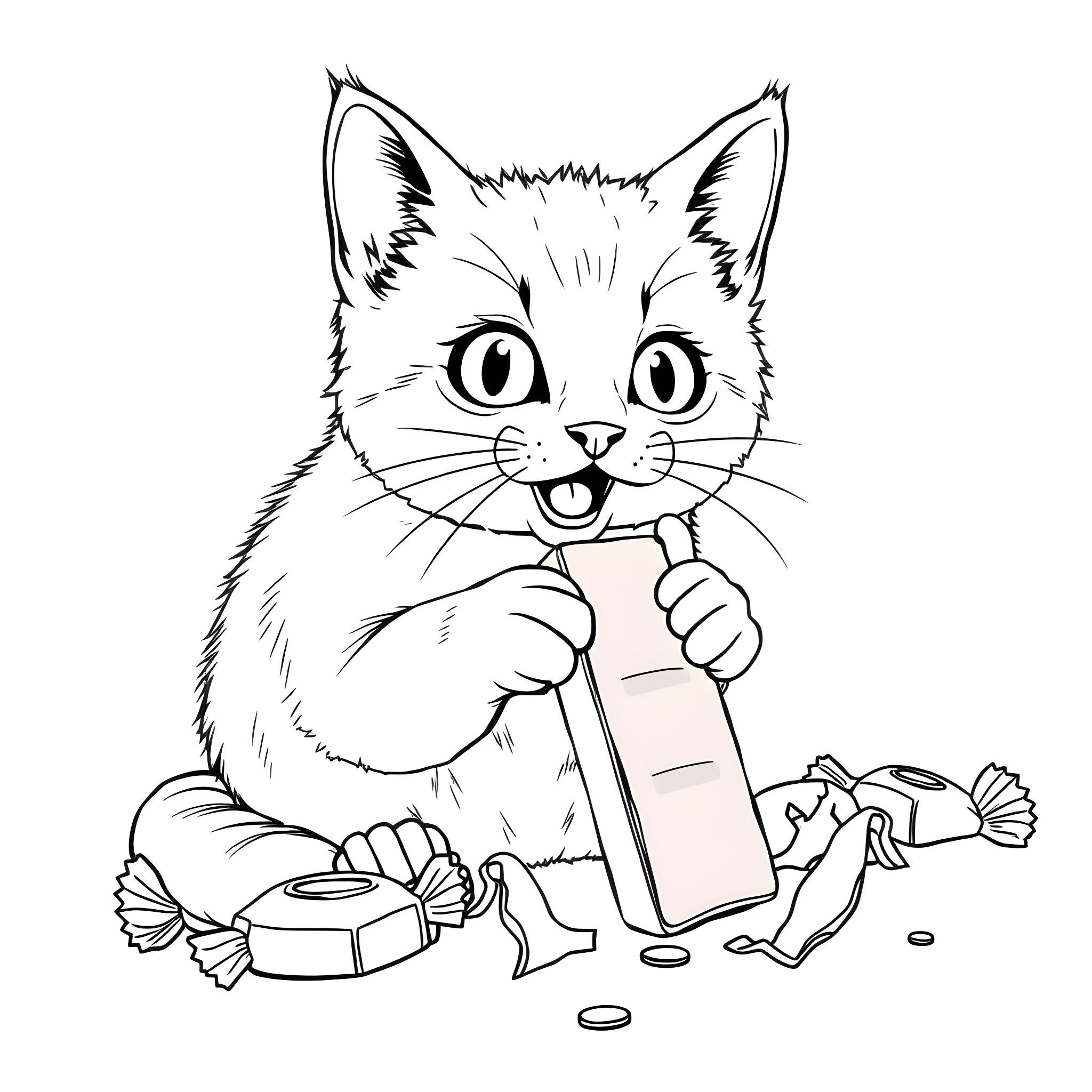 Cat examining a smartphone Coloring Page (free black-and-white line drawing printable PDF for all, from beginners to advanced learners, including children, teens, adults, and seniors)