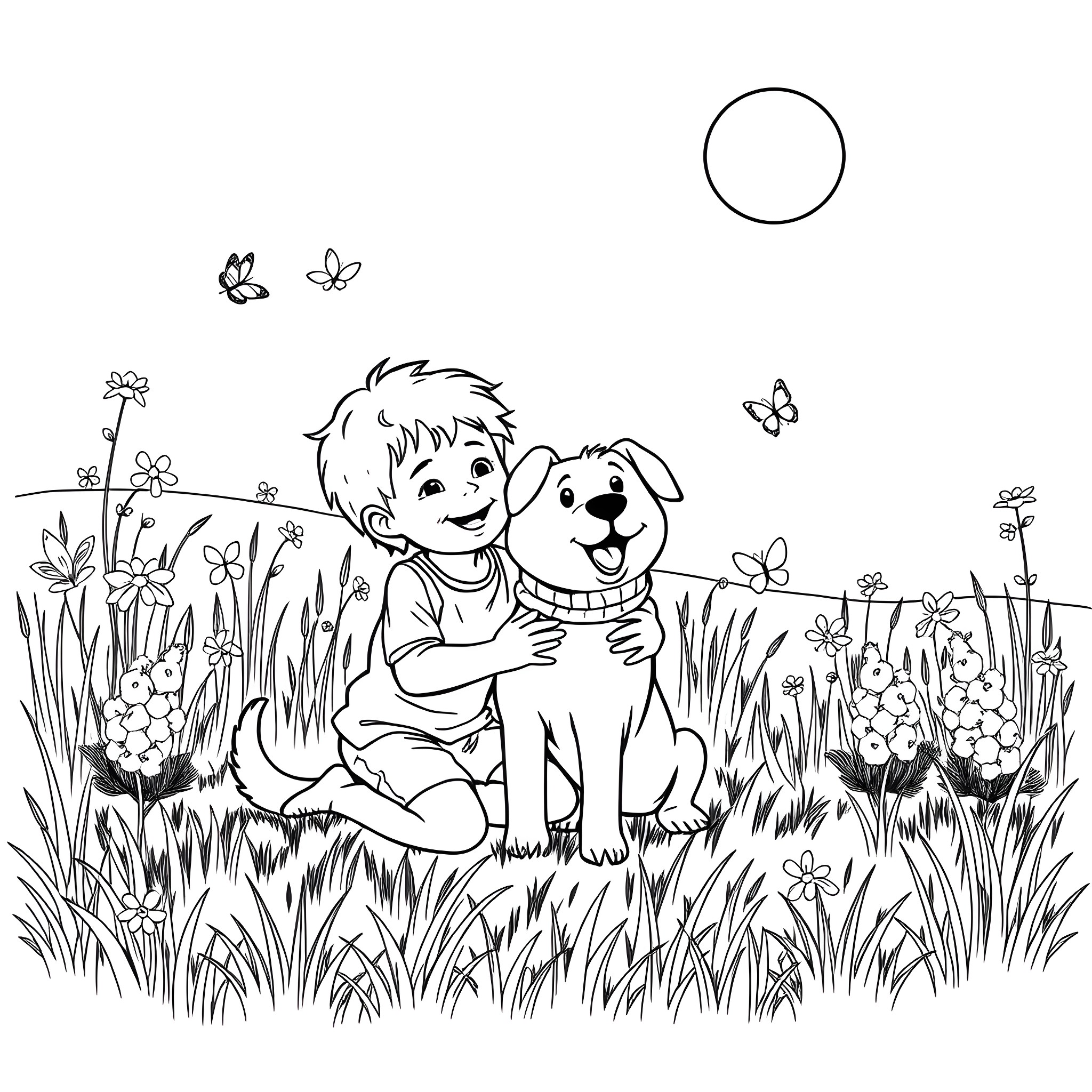 Kid and dog playing happily in the nature Coloring Page (free black-and-white line drawing printable PDF for all, from beginners to advanced learners, including children, teens, adults, and seniors)