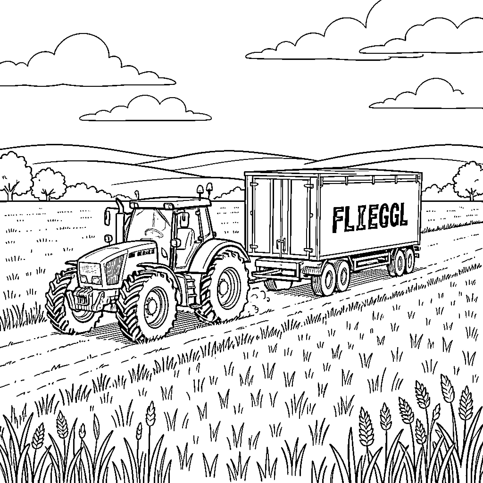 Tractor pulling a large trailer through a field Coloring Page (free black-and-white line drawing printable PDF for all, from beginners to advanced learners, including children, teens, adults, and seniors)