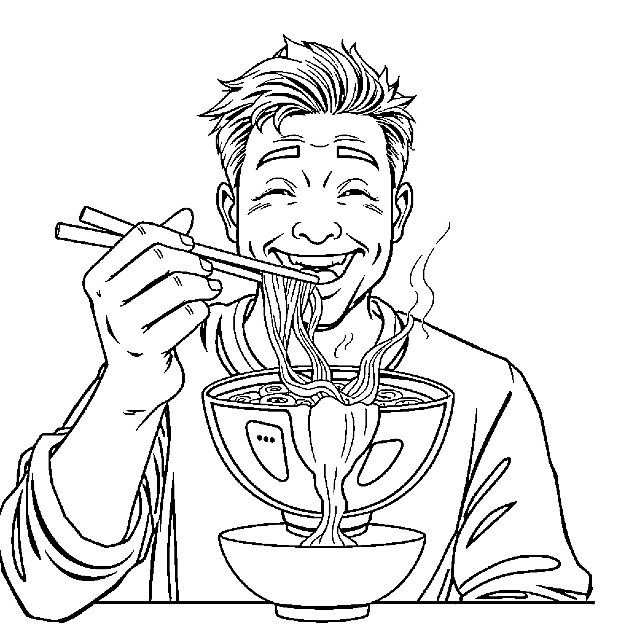 Man enjoying a bowl of hot noodles Coloring Page (free black-and-white line drawing printable PDF for all, from beginners to advanced learners, including children, teens, adults, and seniors)