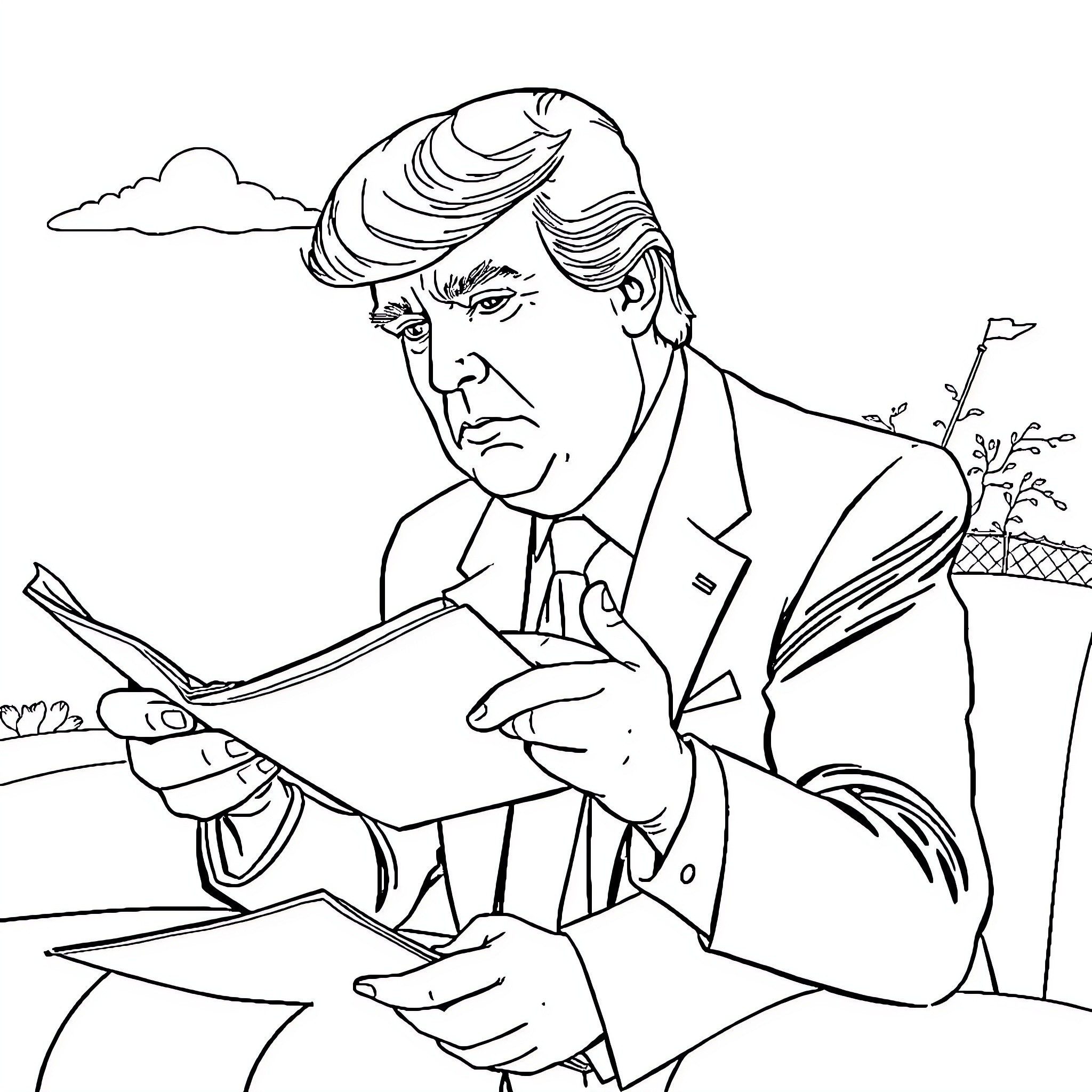 Trump reading documents in serious expression Coloring Page (free black-and-white line drawing printable PDF for all, from beginners to advanced learners, including children, teens, adults, and seniors)