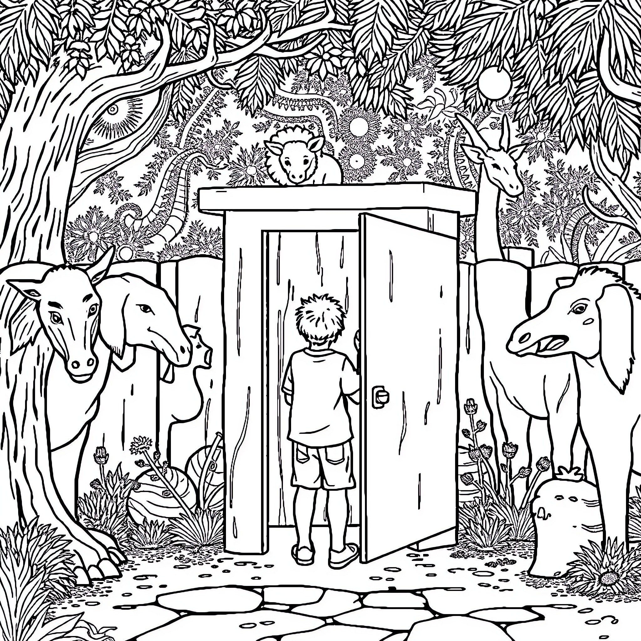 Zoo Adventure with Curious Animals Coloring Page (free black-and-white line drawing printable PDF for all, from beginners to advanced learners, including children, teens, adults, and seniors)