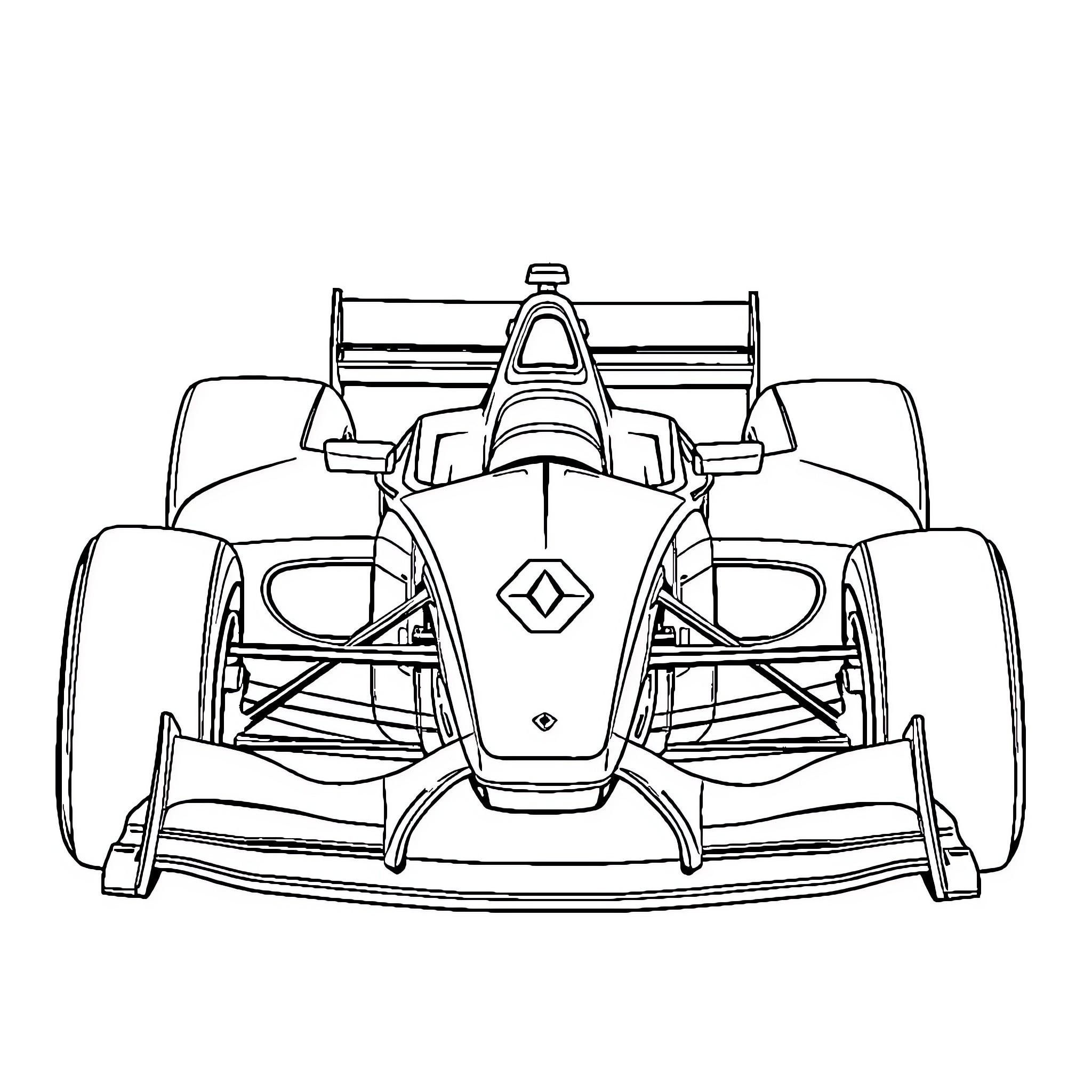 Renault Formula 1 Car in Front View Coloring Page (free black-and-white line drawing printable PDF for all, from beginners to advanced learners, including children, teens, adults, and seniors)