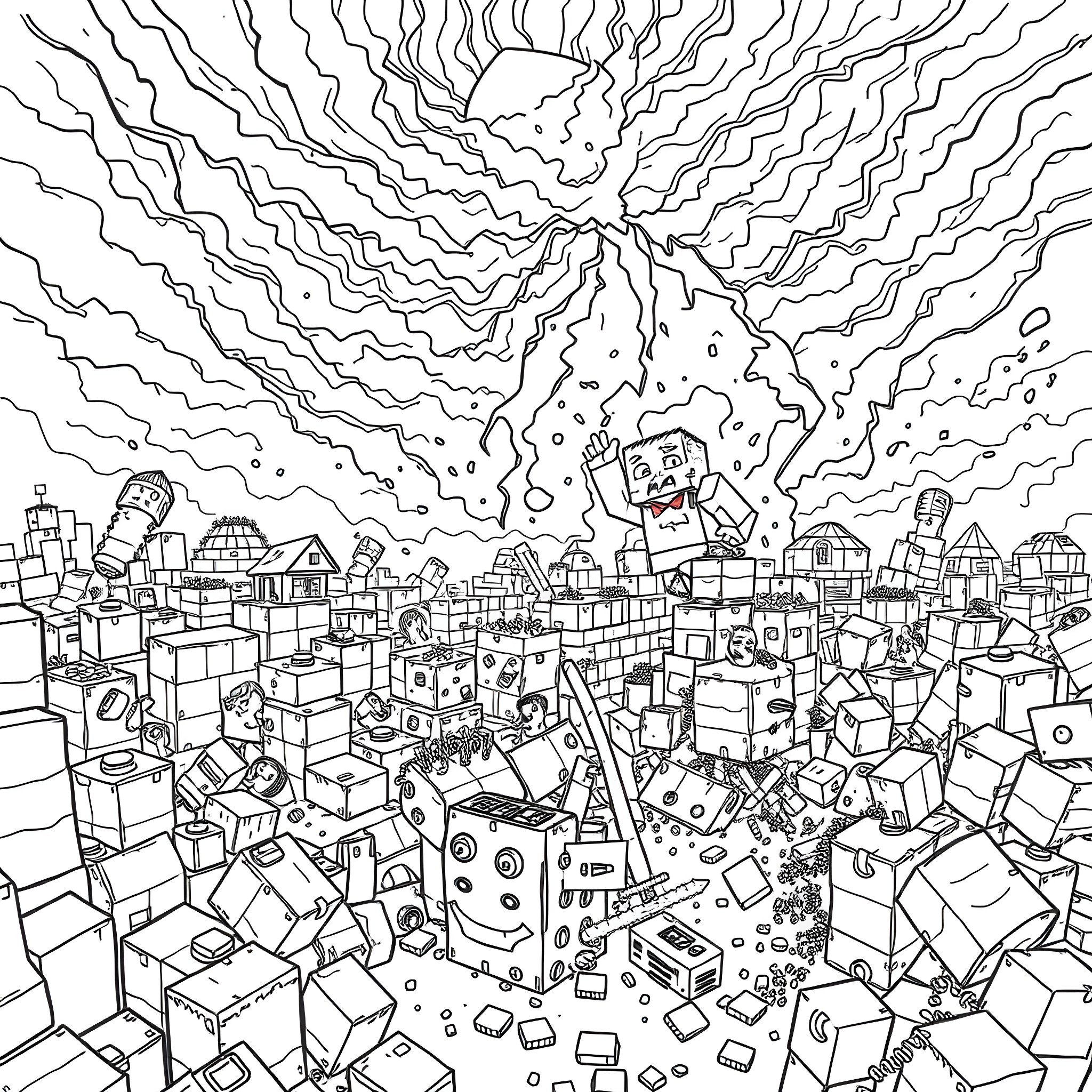 Minecraft: Chaotic Blocks and Destruction Coloring Page (free black-and-white line drawing printable PDF for all, from beginners to advanced learners, including children, teens, adults, and seniors)