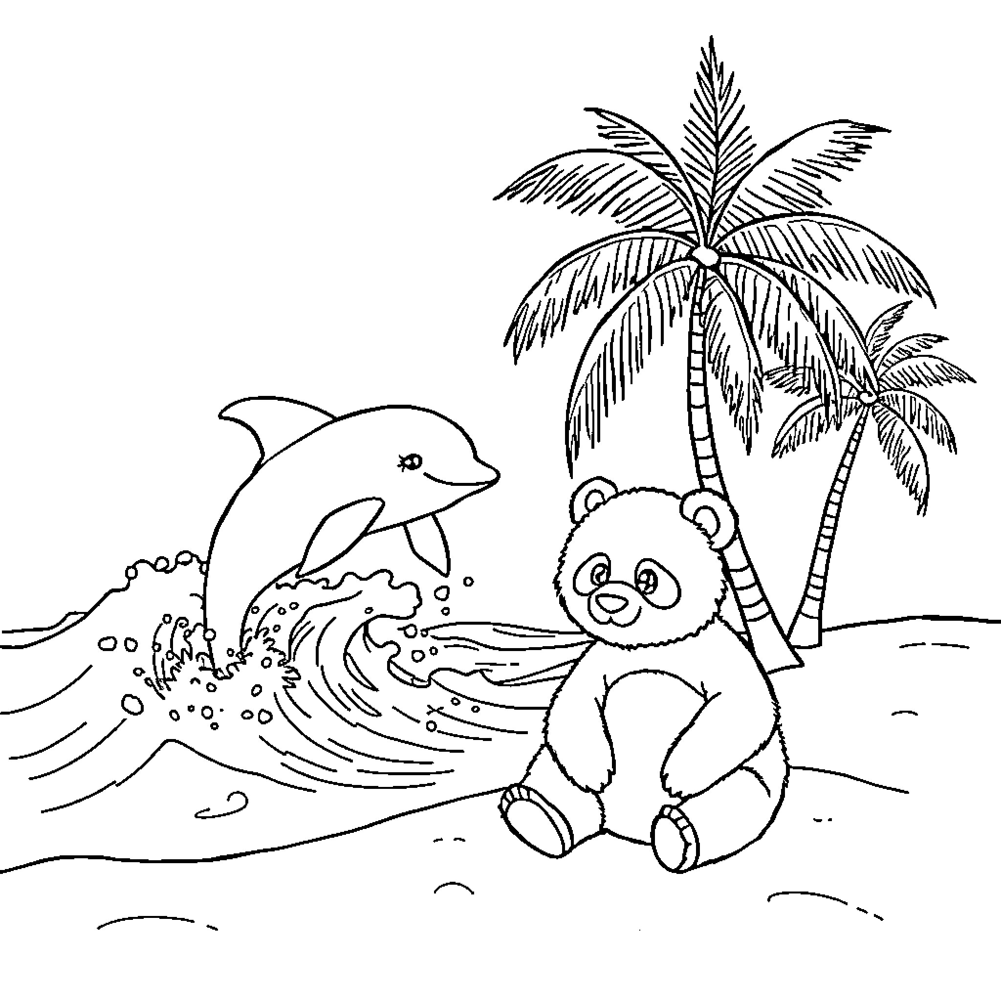 Dolphin and Panda on Tropical Beach Coloring Page (free black-and-white line drawing printable PDF for all, from beginners to advanced learners, including children, teens, adults, and seniors)