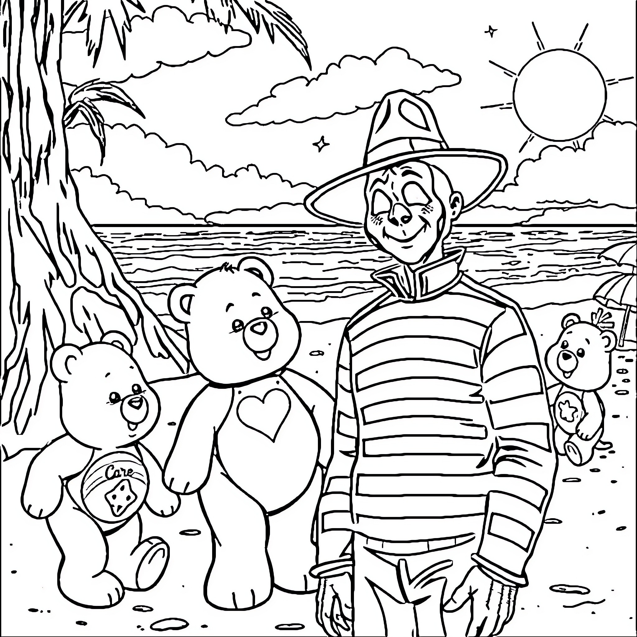 Freddy Krueger and Care Bears playing by the lake Coloring Page (free black-and-white line drawing printable PDF for all, from beginners to advanced learners, including children, teens, adults, and seniors)