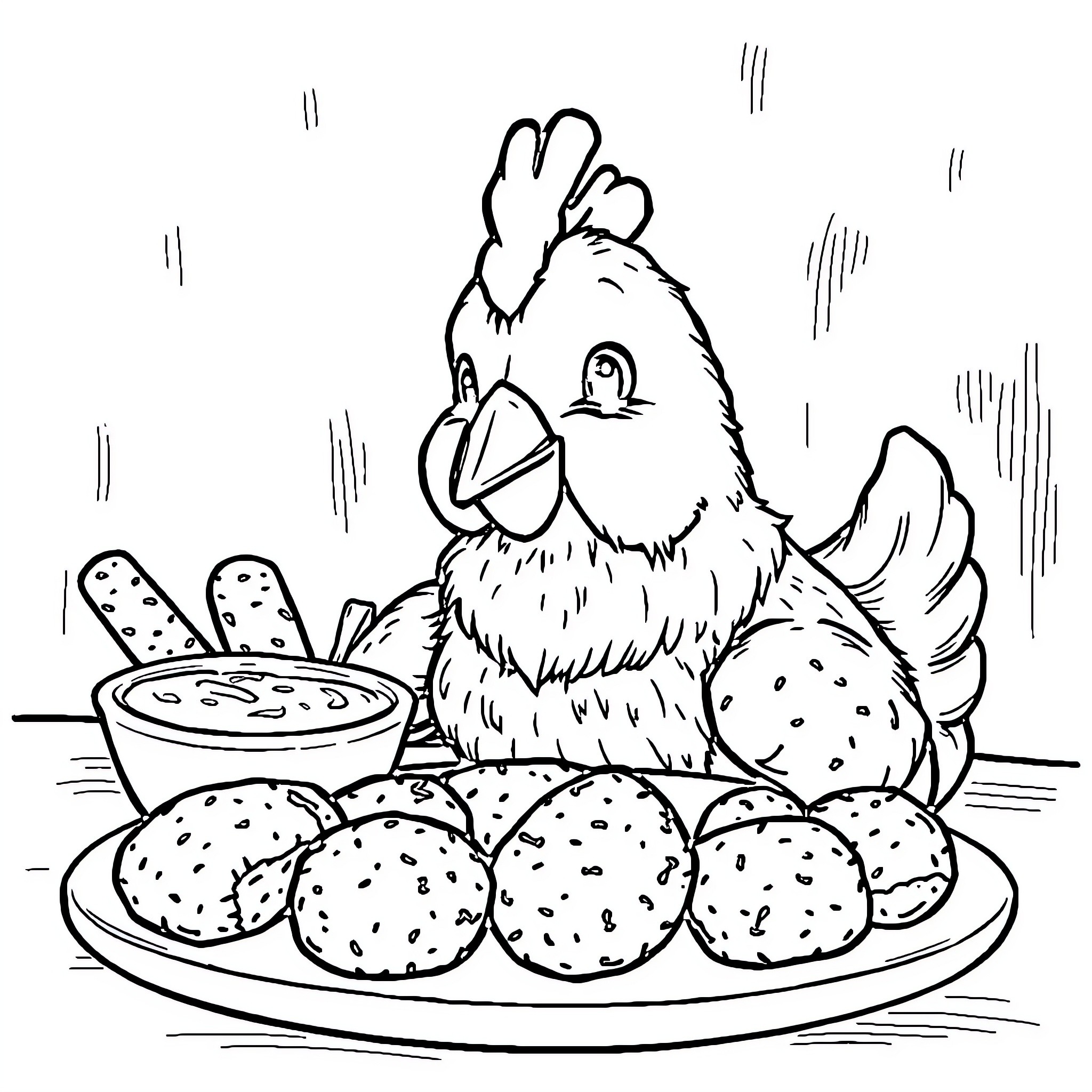 Poulet enjoying a hearty meal Coloring Page (free black-and-white line drawing printable PDF for all, from beginners to advanced learners, including children, teens, adults, and seniors)