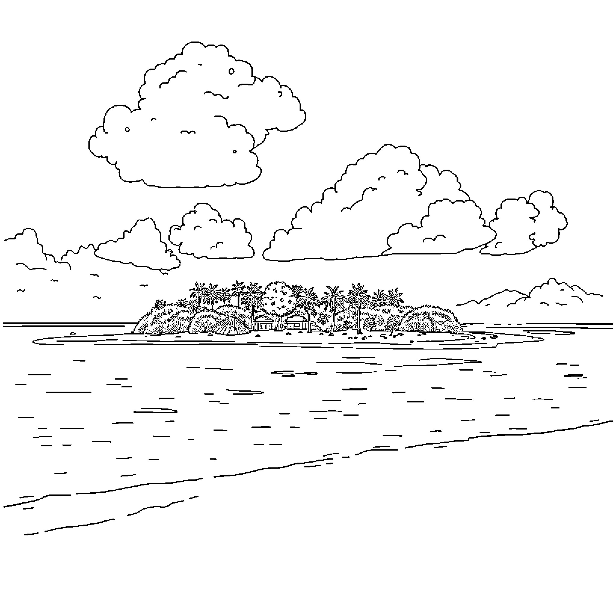 Luanda Island with tropical landscape and cloudy sky Coloring Page (free black-and-white line drawing printable PDF for all, from beginners to advanced learners, including children, teens, adults, and seniors)