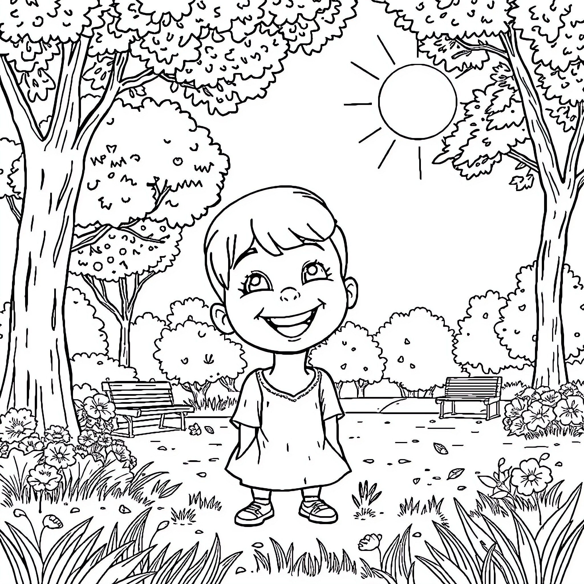 Avery's Joyful Day in the Park Coloring Page (free black-and-white line drawing printable PDF for all, from beginners to advanced learners, including children, teens, adults, and seniors)
