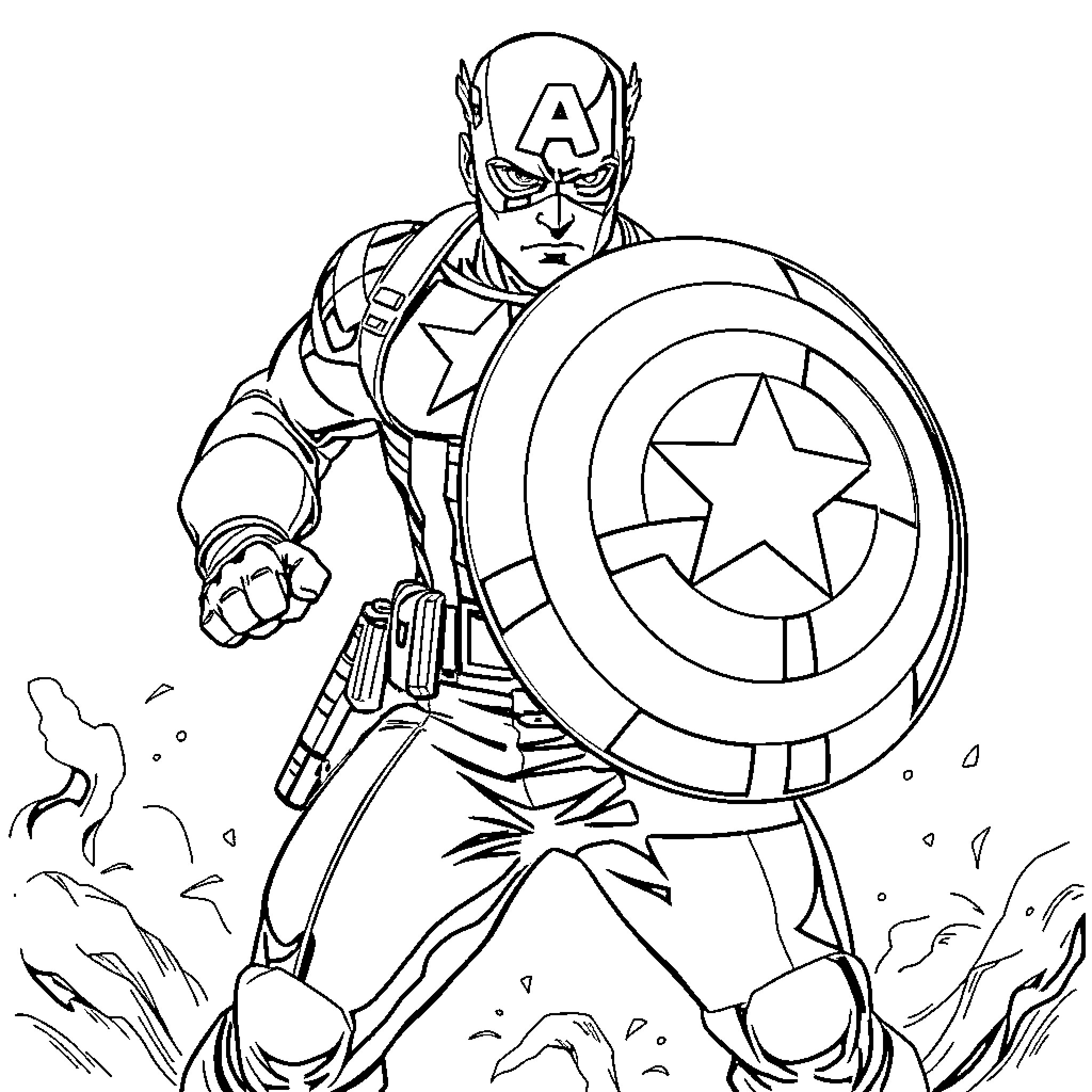 Captain America Defending Against the Villain Coloring Page (free black-and-white line drawing printable PDF for all, from beginners to advanced learners, including children, teens, adults, and seniors)