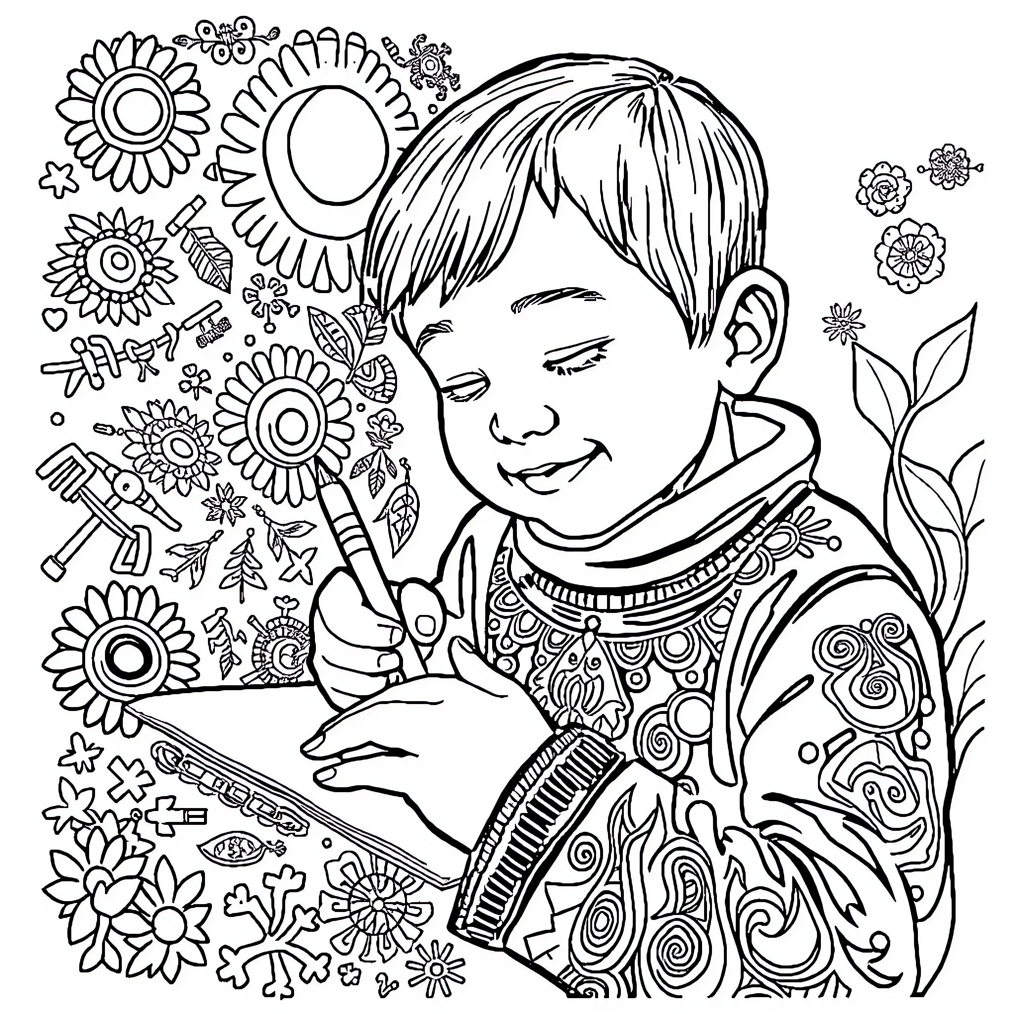 Nepohualtzintzin: Child engaged in creative expression Coloring Page (free black-and-white line drawing printable PDF for all, from beginners to advanced learners, including children, teens, adults, and seniors)