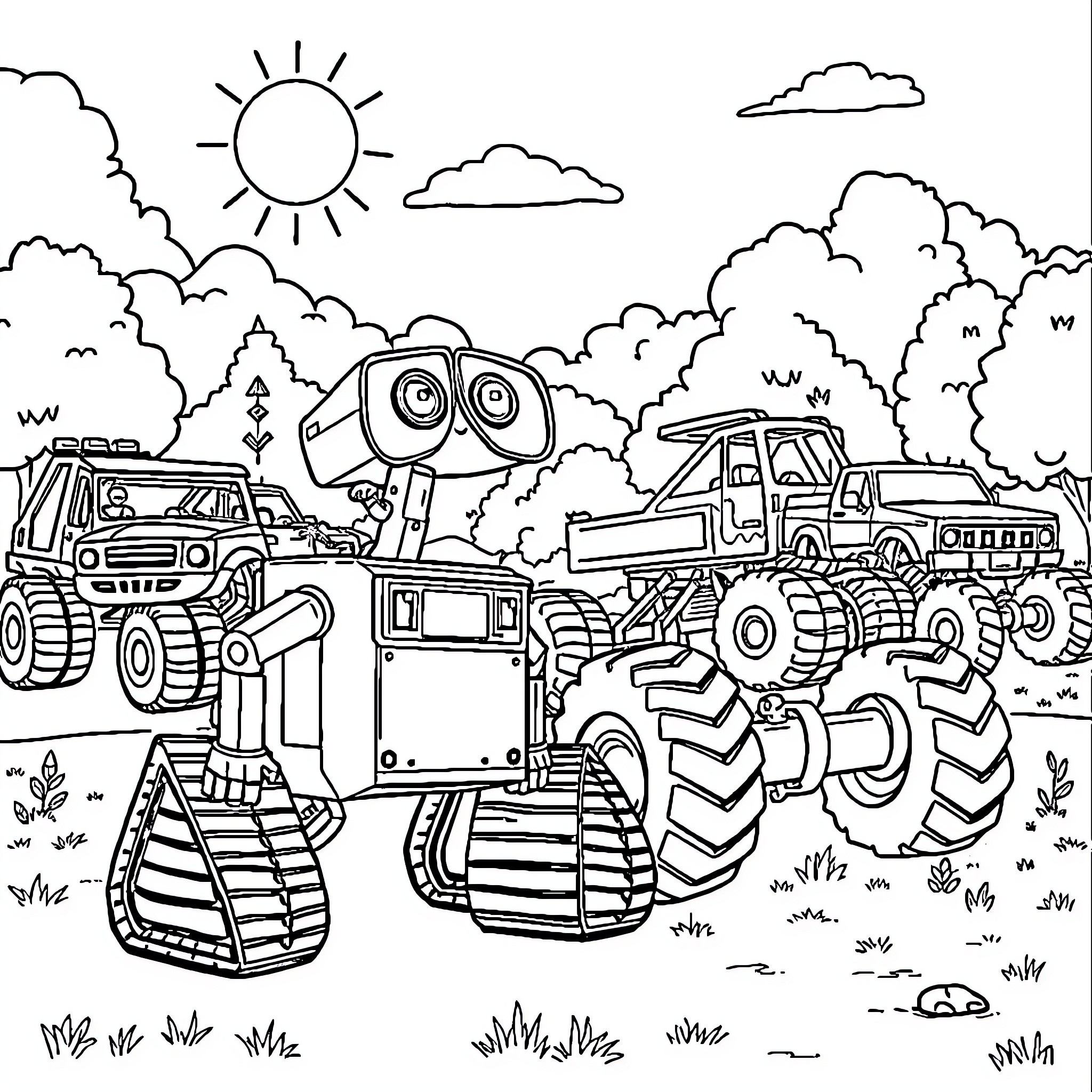 Wall-E exploring the landscape with robotic companions Coloring Page (free black-and-white line drawing printable PDF for all, from beginners to advanced learners, including children, teens, adults, and seniors)