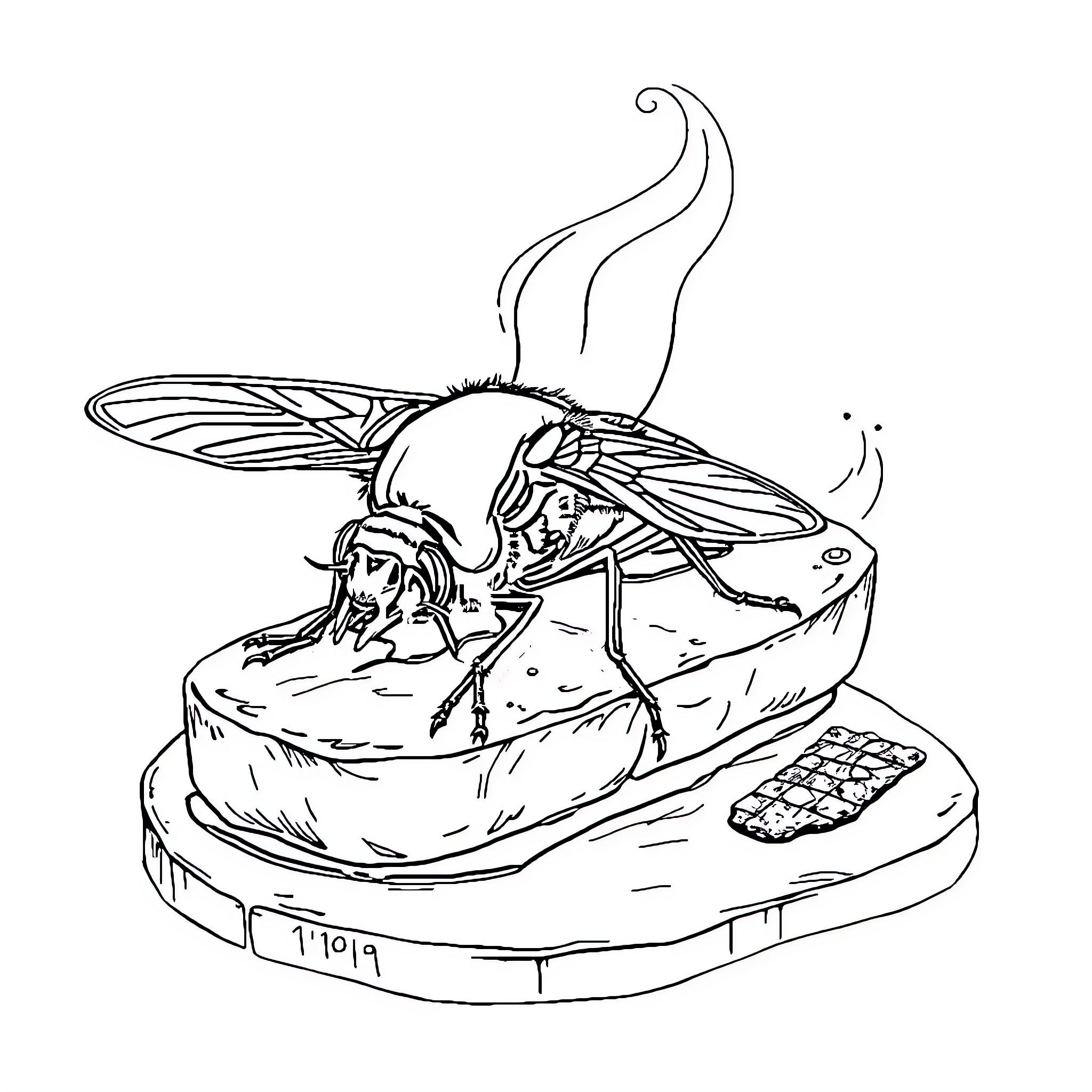 Mouche relaxing on a cozy cushion Coloring Page (free black-and-white line drawing printable PDF for all, from beginners to advanced learners, including children, teens, adults, and seniors)