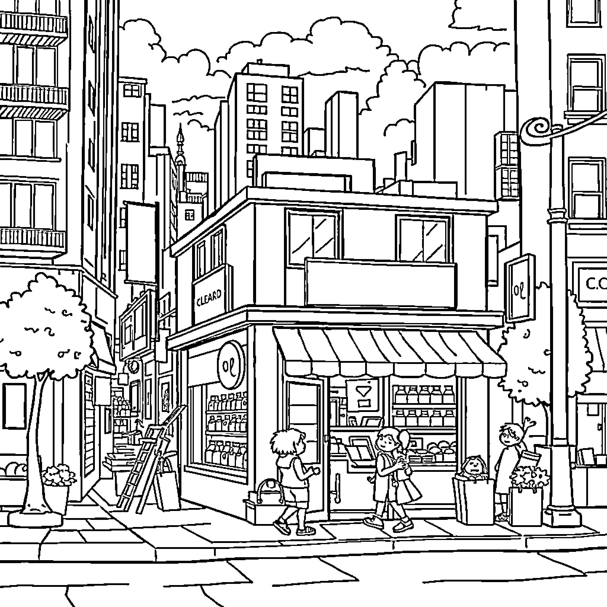 Kids exploring the city streets and shops Coloring Page (free black-and-white line drawing printable PDF for all, from beginners to advanced learners, including children, teens, adults, and seniors)