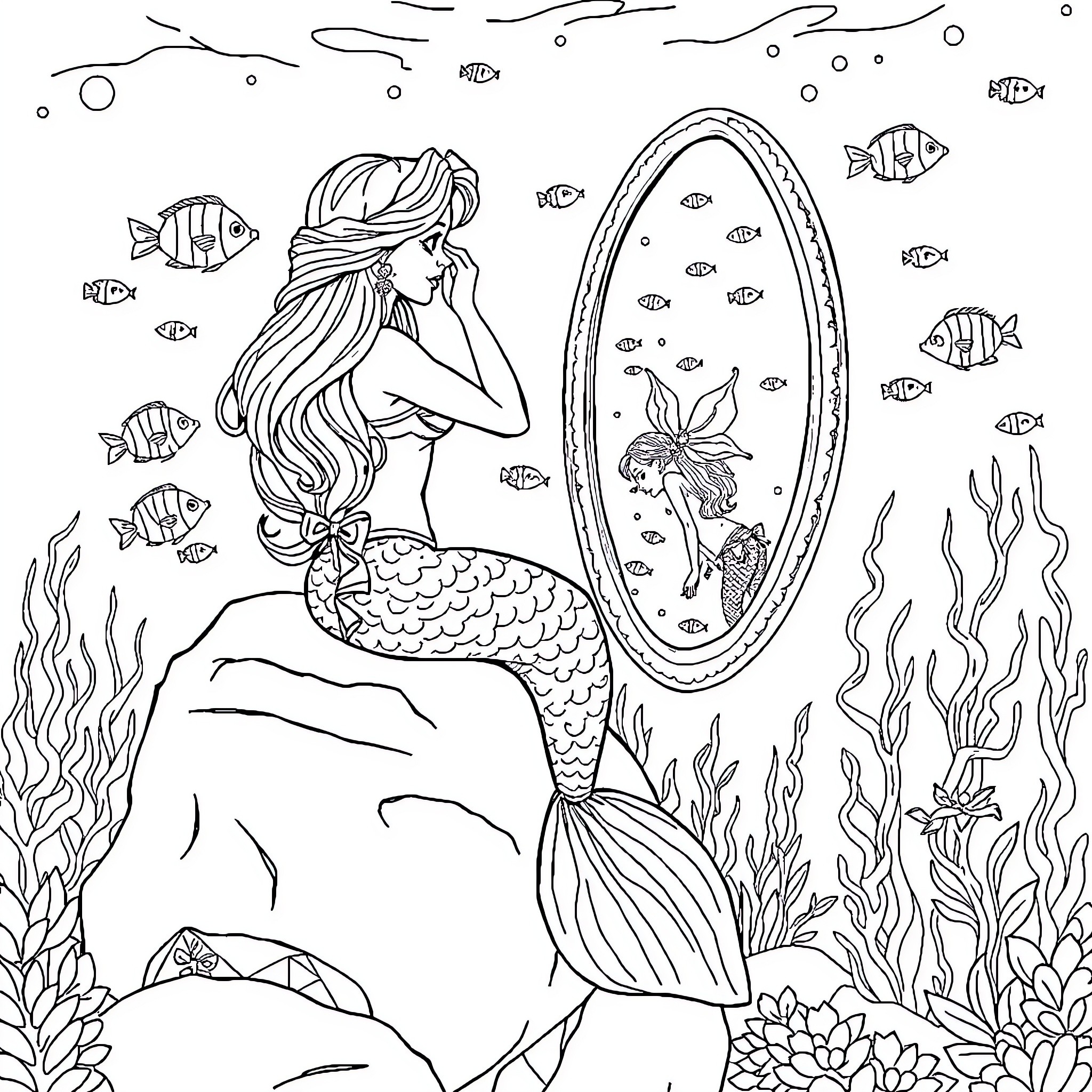 Mermaid Admiring Herself in a Coral Reef Mirror Coloring Page (free black-and-white line drawing printable PDF for all, from beginners to advanced learners, including children, teens, adults, and seniors)