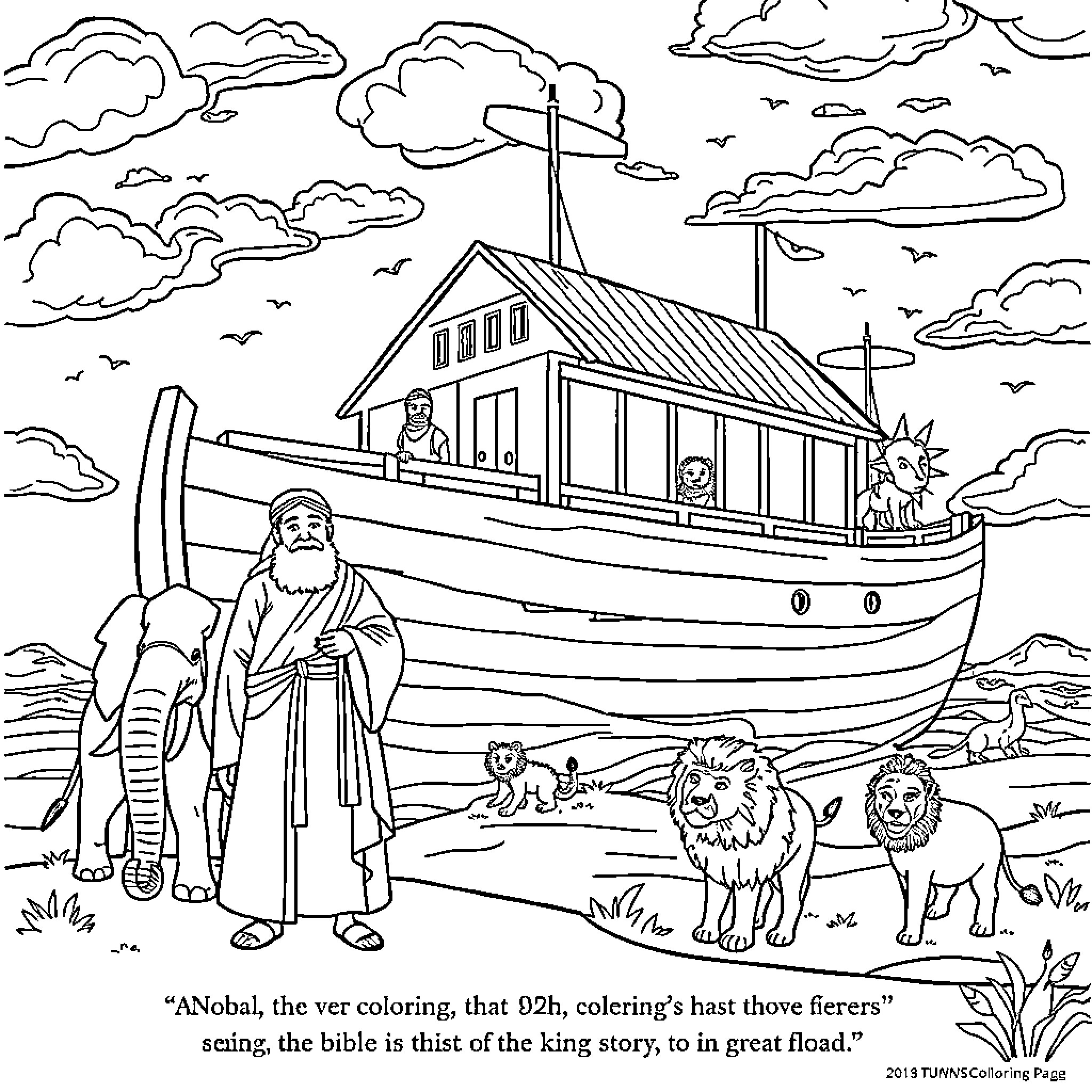 Noah's Ark with Animals and People Aboard Coloring Page (free black-and-white line drawing printable PDF for all, from beginners to advanced learners, including children, teens, adults, and seniors)