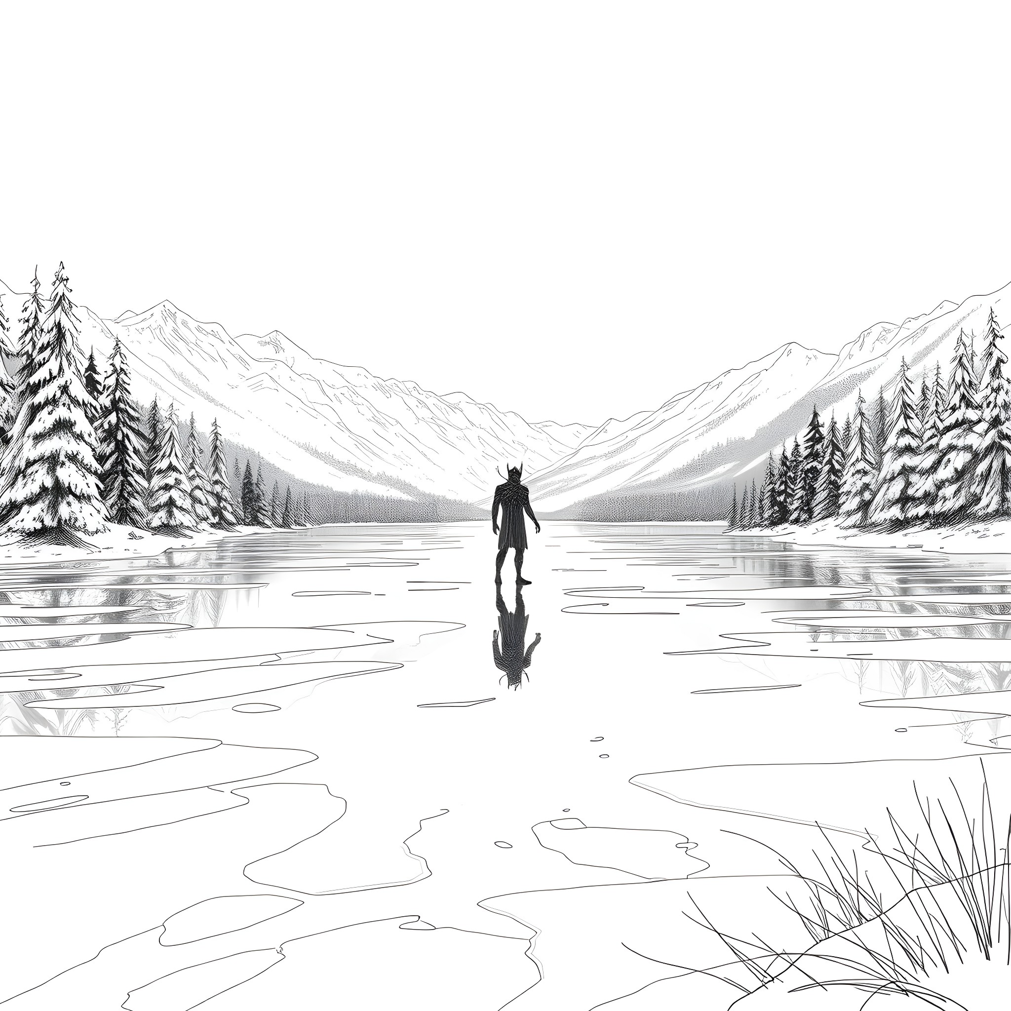 Wendigo stalking through the frozen wilderness Coloring Page (free black-and-white line drawing printable PDF for all, from beginners to advanced learners, including children, teens, adults, and seniors)