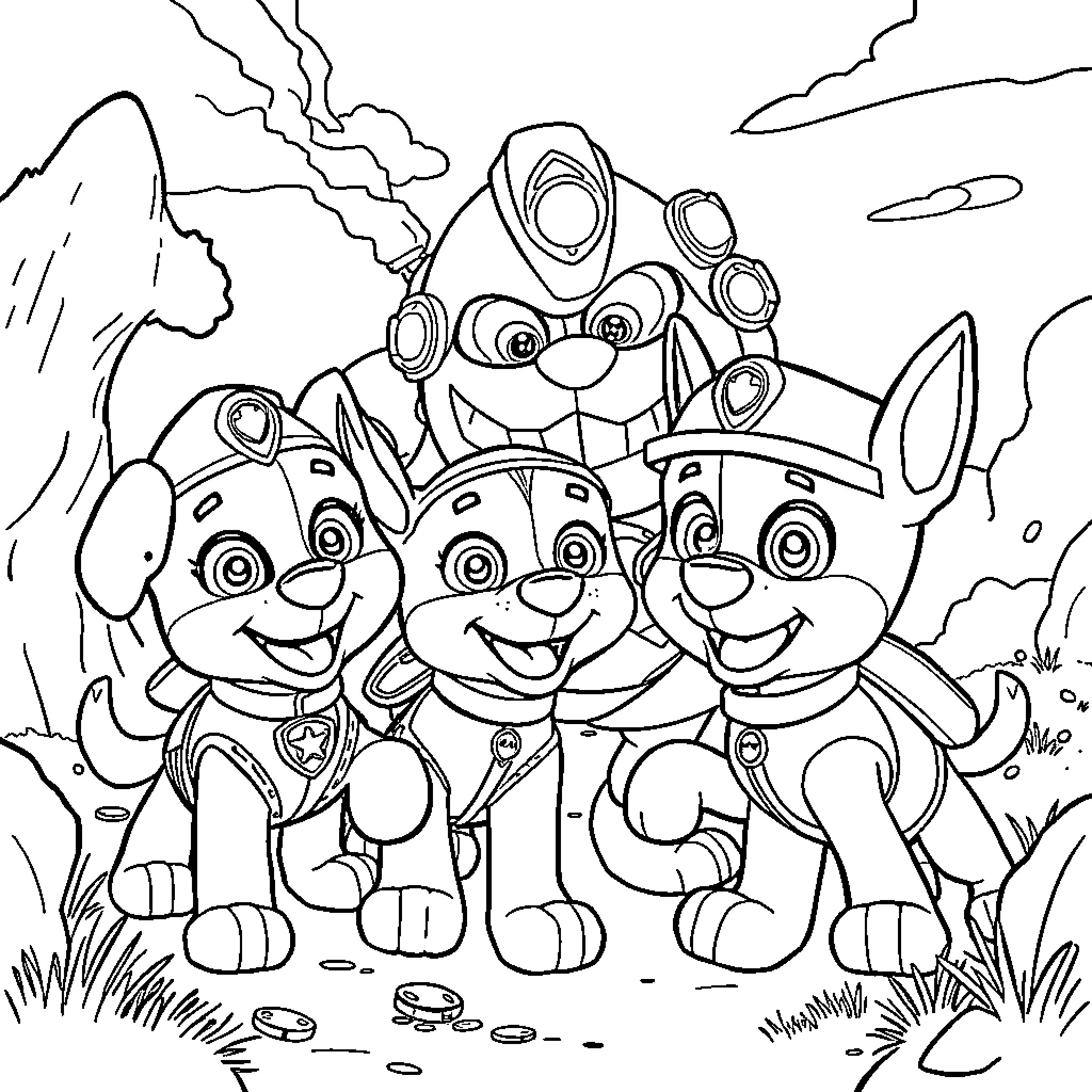 Paw Patrol characters in action adventure Coloring Page (free black-and-white line drawing printable PDF for all, from beginners to advanced learners, including children, teens, adults, and seniors)