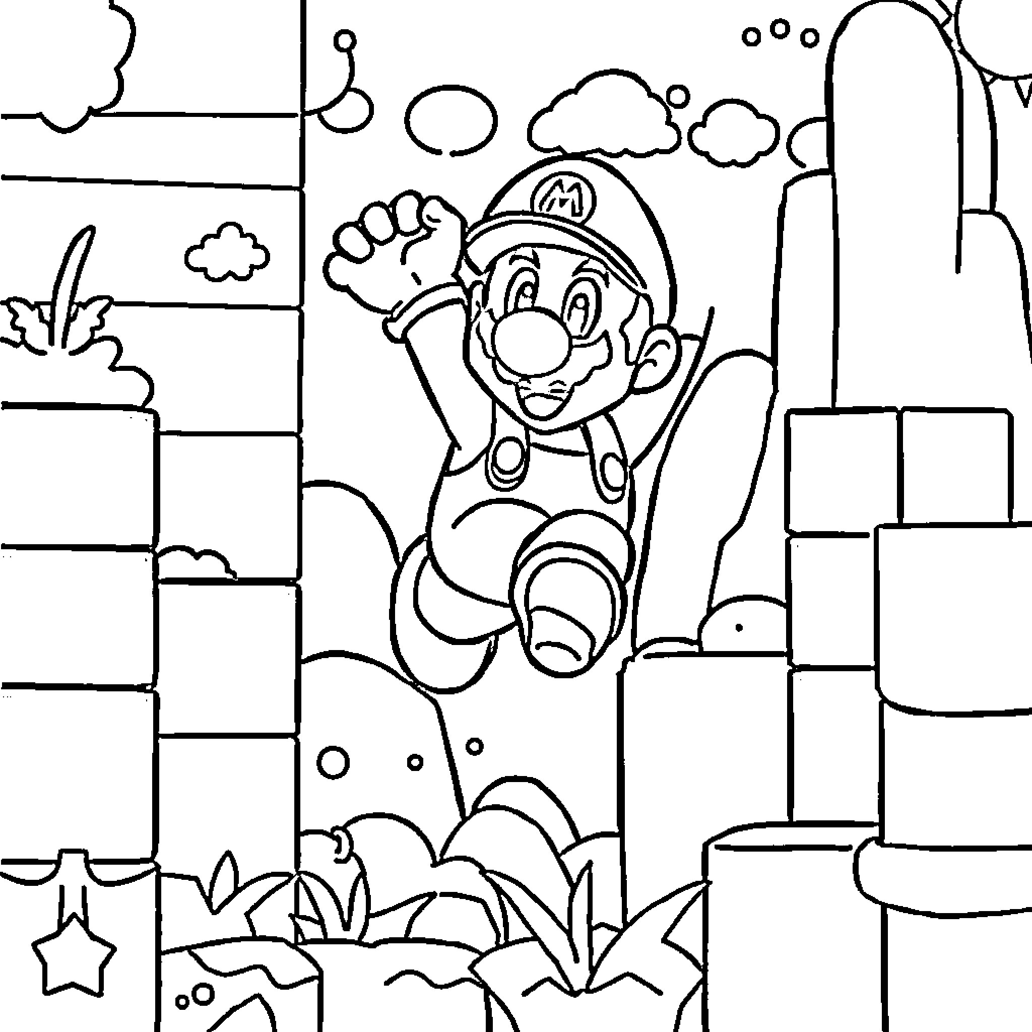 Super Mario Jumping Joyfully in the Mushroom Kingdom Coloring Page (free black-and-white line drawing printable PDF for all, from beginners to advanced learners, including children, teens, adults, and seniors)
