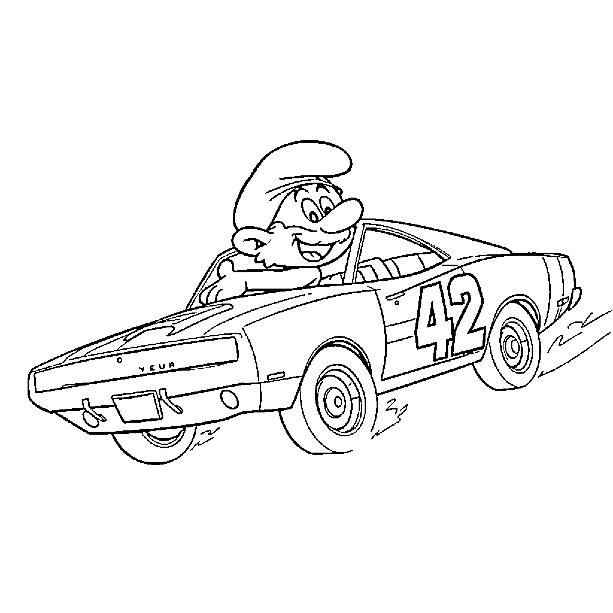 Papa Smurf Races in His Racecar Coloring Page (free black-and-white line drawing printable PDF for all, from beginners to advanced learners, including children, teens, adults, and seniors)