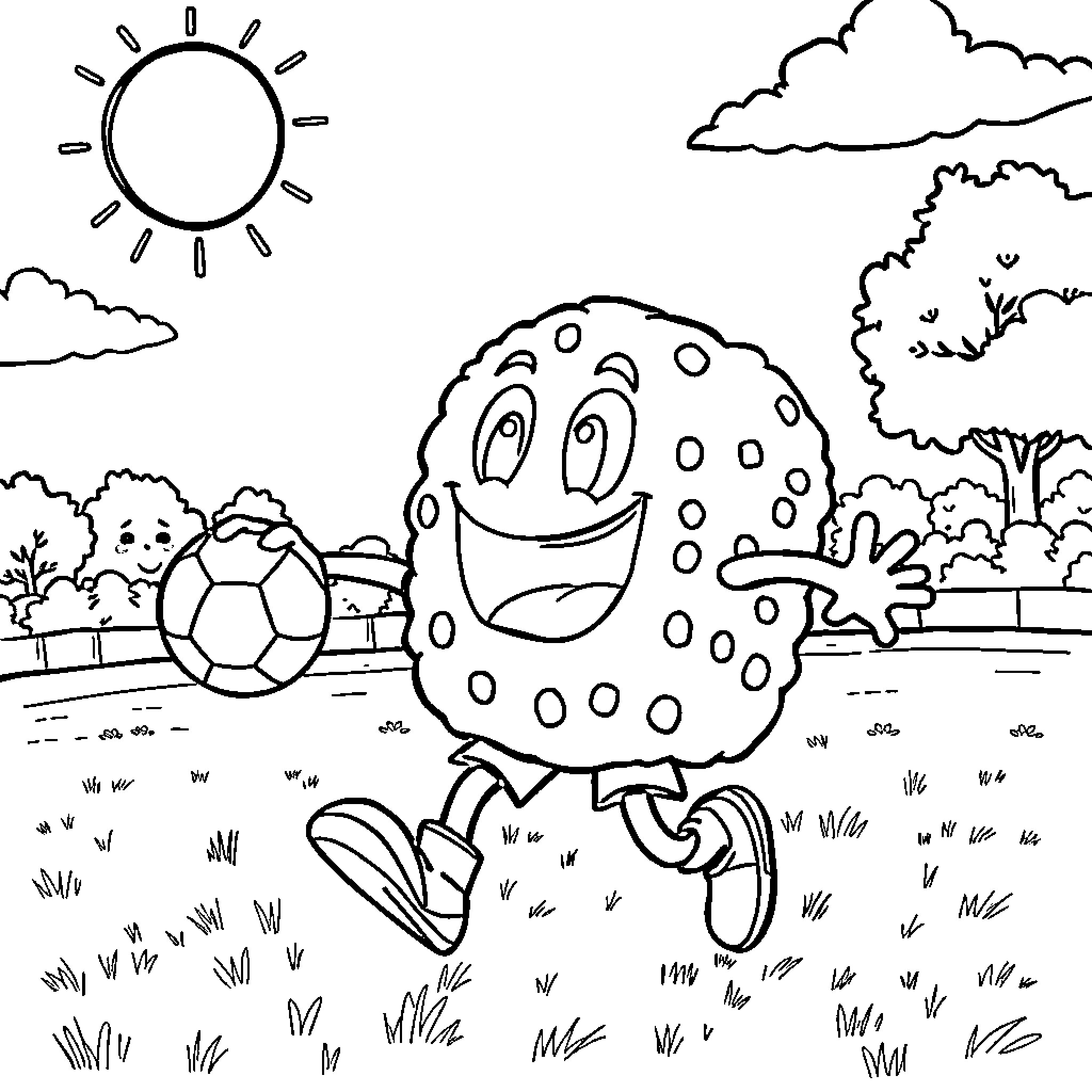 Meatwad playing soccer in a sunny landscape Coloring Page (free black-and-white line drawing printable PDF for all, from beginners to advanced learners, including children, teens, adults, and seniors)