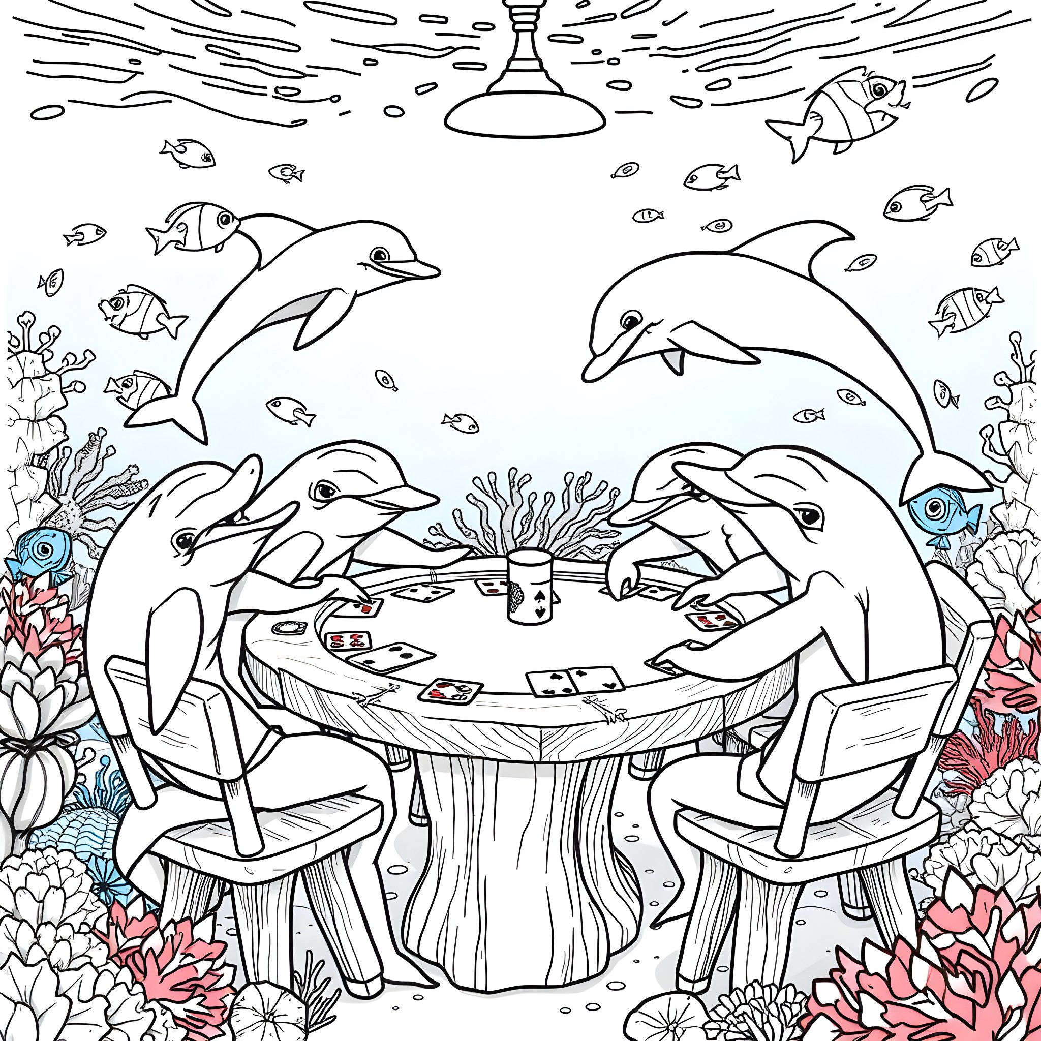 Dolphin friends enjoying a tea party underwater Coloring Page (free black-and-white line drawing printable PDF for all, from beginners to advanced learners, including children, teens, adults, and seniors)