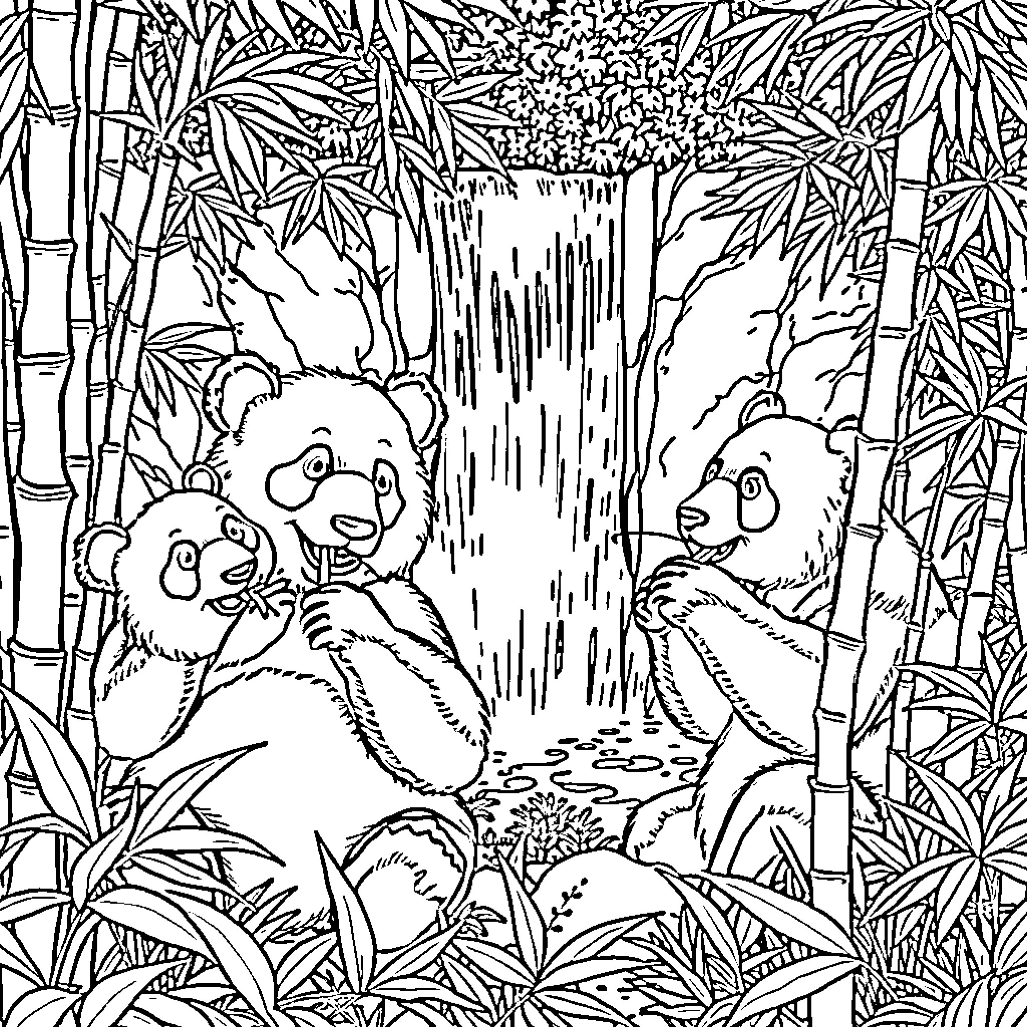 Panda family exploring lush bamboo forest Coloring Page (free black-and-white line drawing printable PDF for all, from beginners to advanced learners, including children, teens, adults, and seniors)