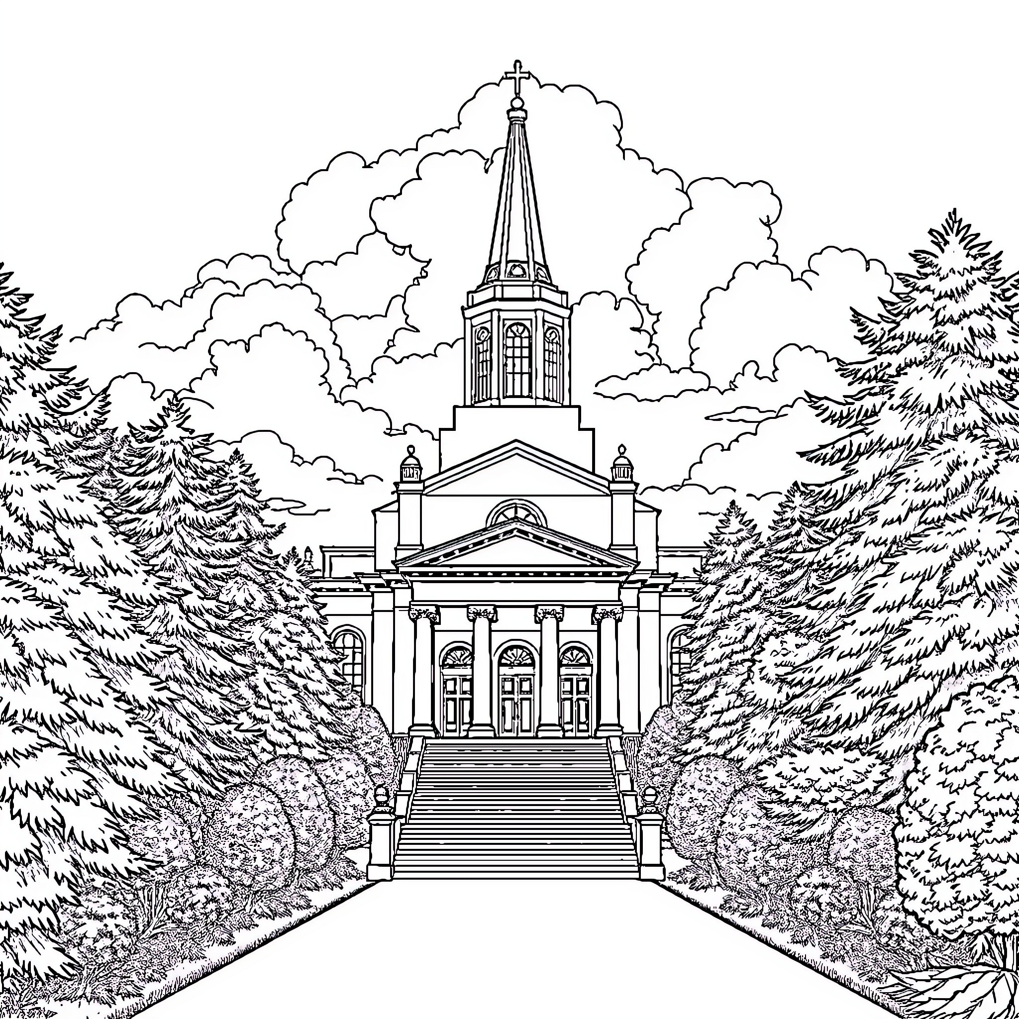 Temple Amidst Towering Spires and Serene Surroundings Coloring Page (free black-and-white line drawing printable PDF for all, from beginners to advanced learners, including children, teens, adults, and seniors)