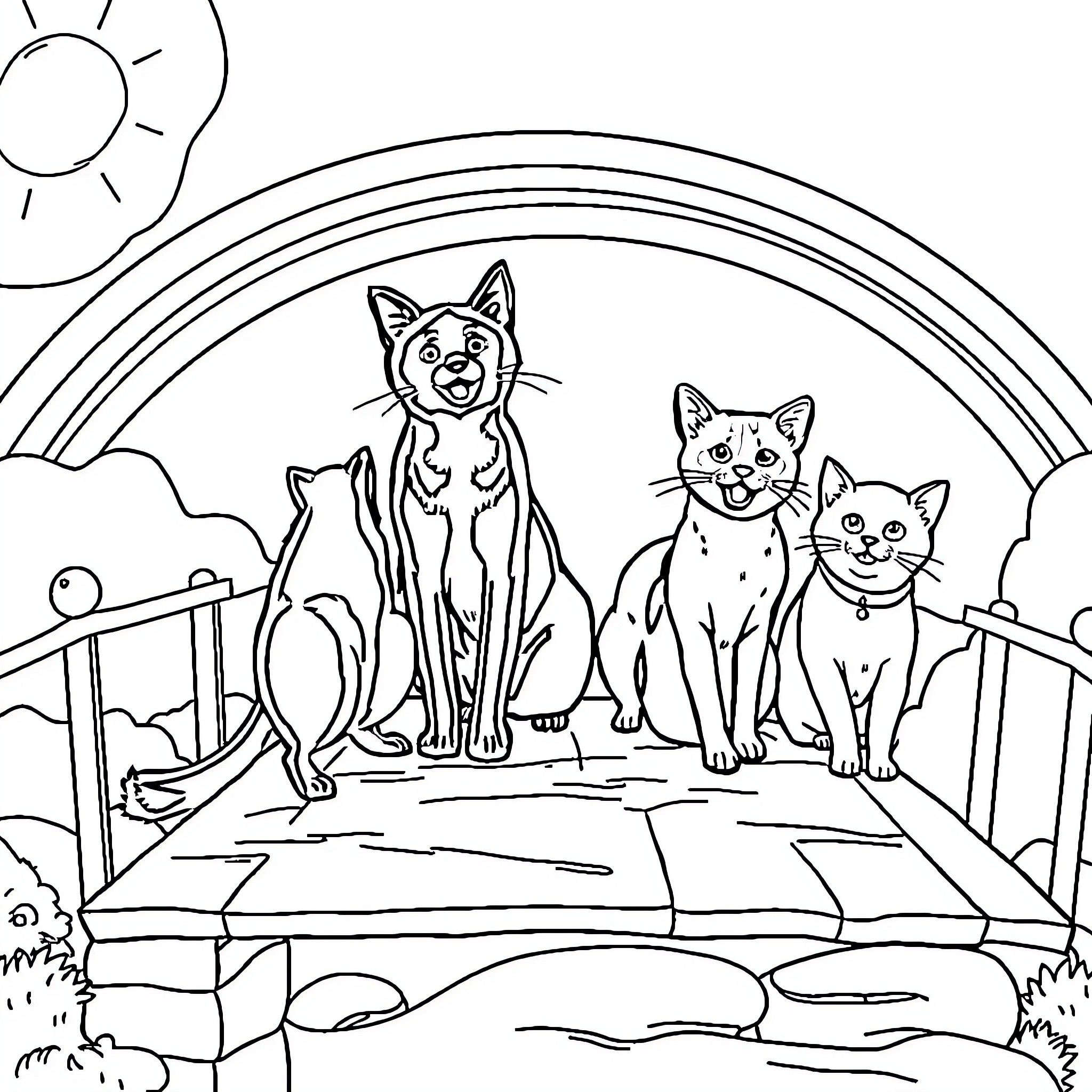 Cat and Dog sitting on a bridge in the park Coloring Page (free black-and-white line drawing printable PDF for all, from beginners to advanced learners, including children, teens, adults, and seniors)