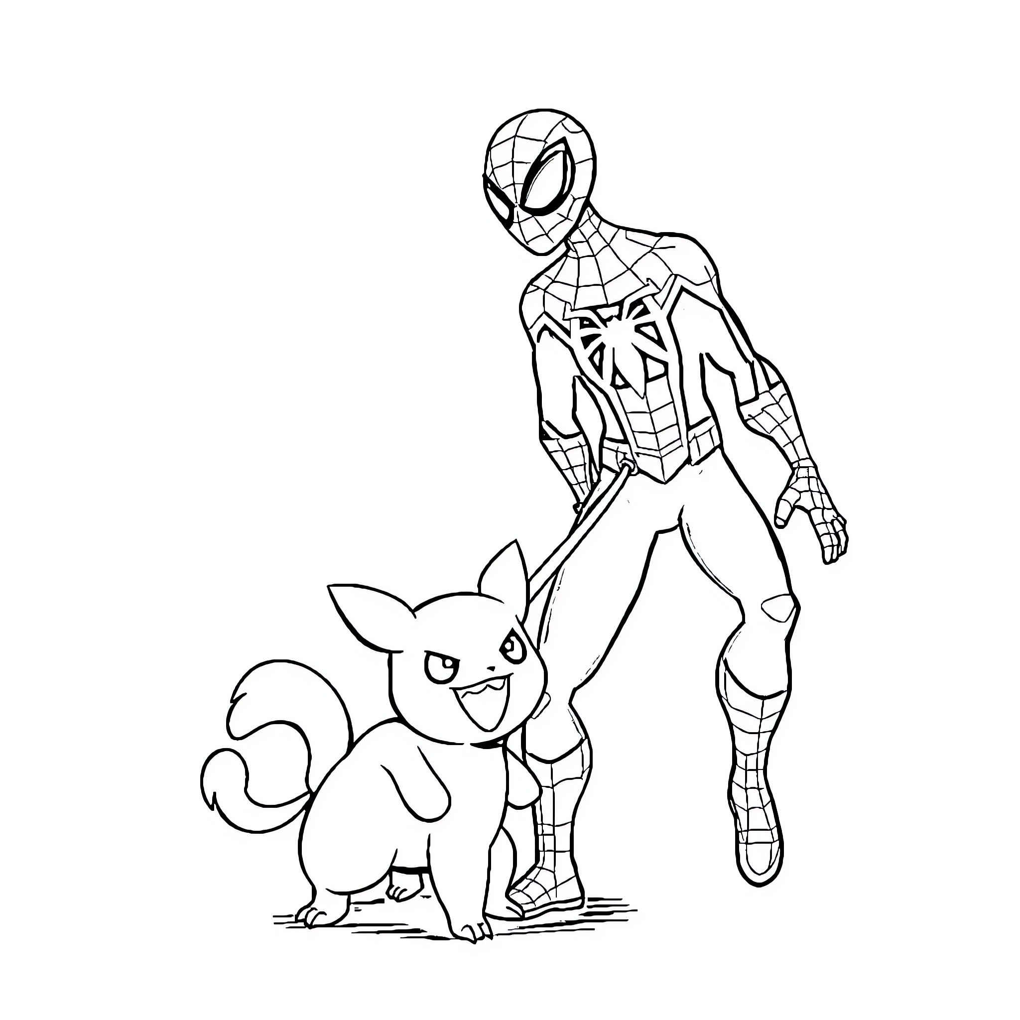 Spiderman and his Furry Companion Coloring Page (free black-and-white line drawing printable PDF for all, from beginners to advanced learners, including children, teens, adults, and seniors)