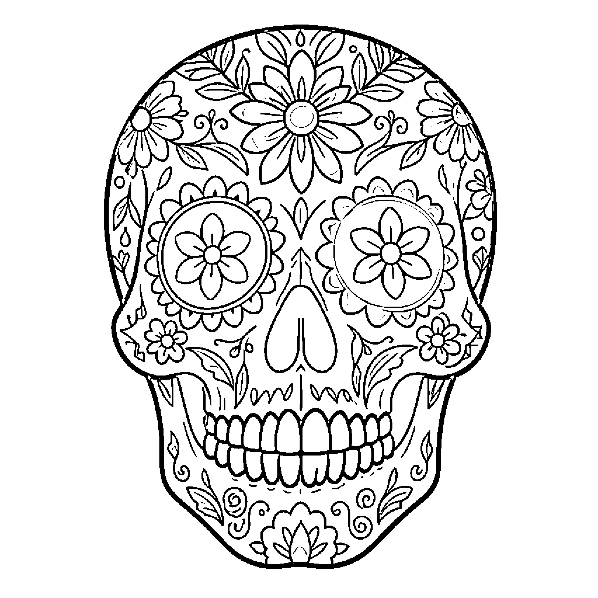 Calavera with Elaborate Floral Decorations Coloring Page (free black-and-white line drawing printable PDF for all, from beginners to advanced learners, including children, teens, adults, and seniors)