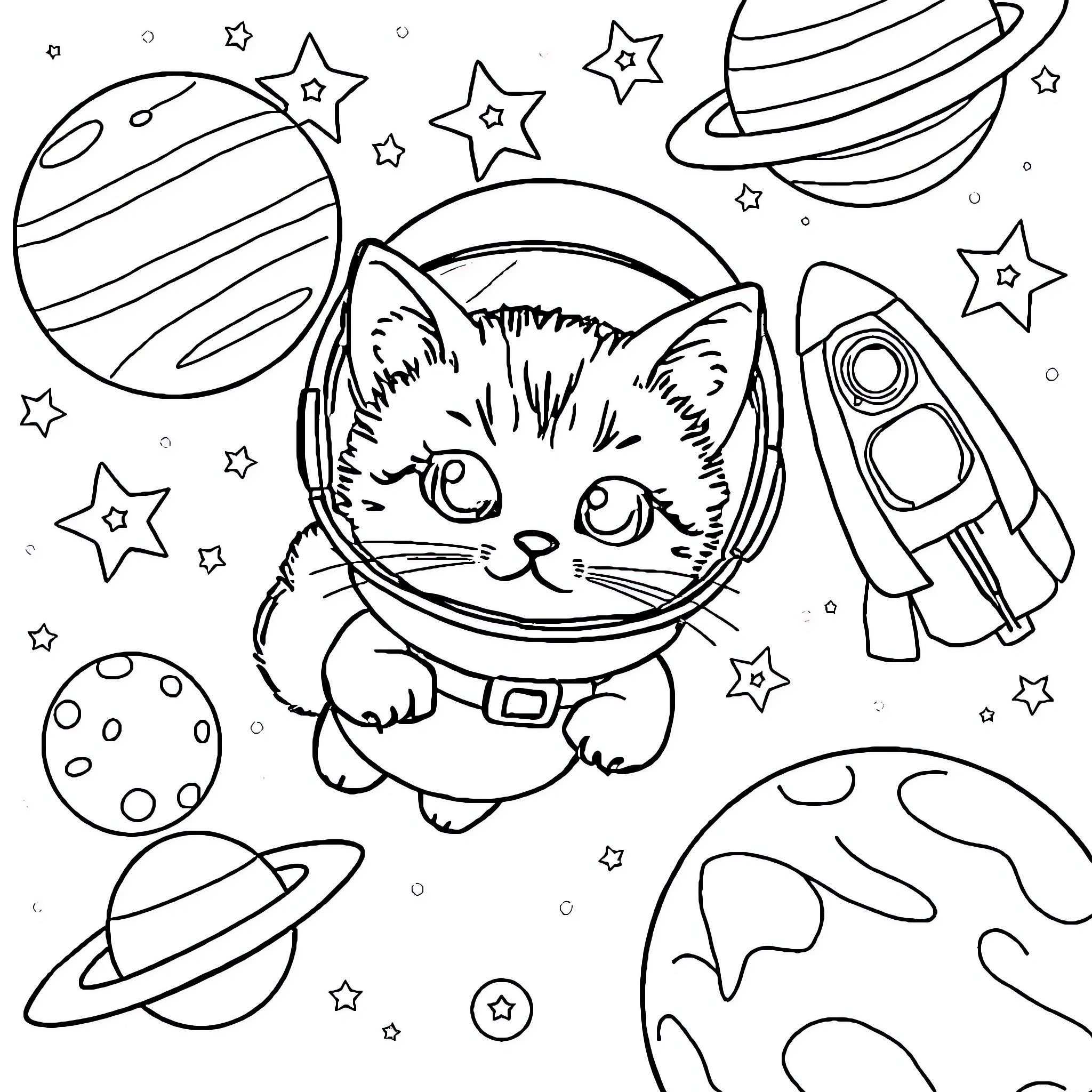 Kitty's Cosmic Adventure Coloring Page (free black-and-white line drawing printable PDF for all, from beginners to advanced learners, including children, teens, adults, and seniors)