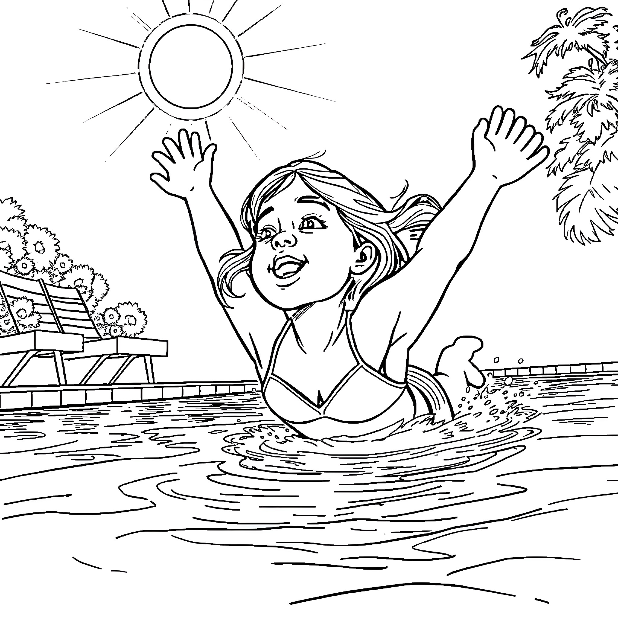 Girl playing joyfully in the pool under the sun Coloring Page (free black-and-white line drawing printable PDF for all, from beginners to advanced learners, including children, teens, adults, and seniors)