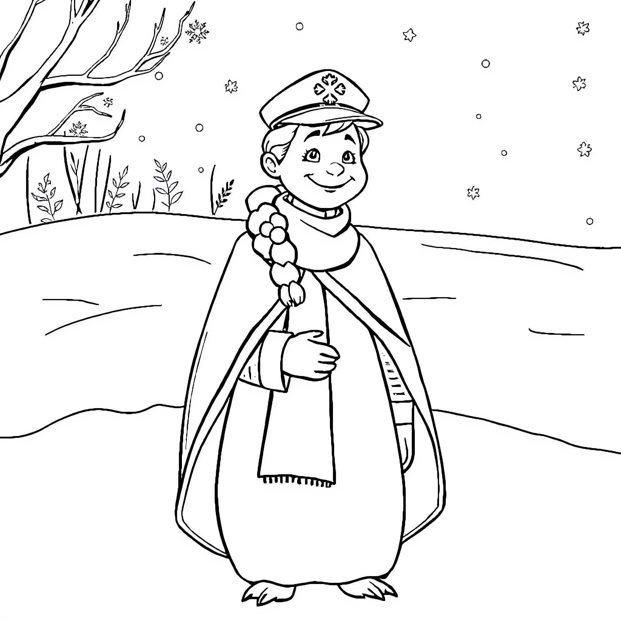 Frozen Penguin Dressed in Winter Clothes Coloring Page (free black-and-white line drawing printable PDF for all, from beginners to advanced learners, including children, teens, adults, and seniors)