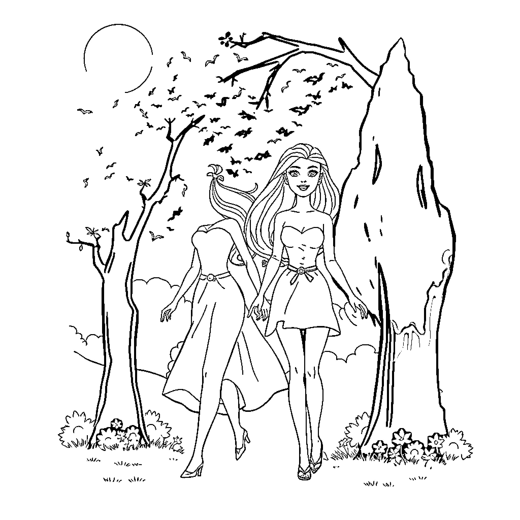 Barbie enjoying the outdoors with friends Coloring Page (free black-and-white line drawing printable PDF for all, from beginners to advanced learners, including children, teens, adults, and seniors)