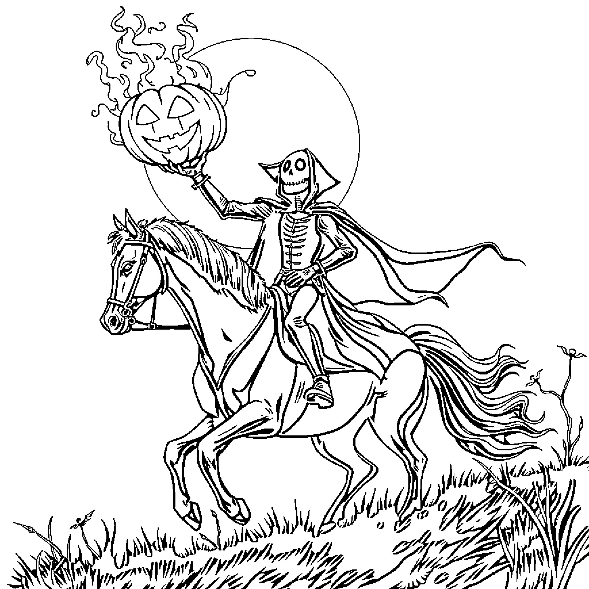 Headless Horseman riding with a flaming pumpkin head Coloring Page (free black-and-white line drawing printable PDF for all, from beginners to advanced learners, including children, teens, adults, and seniors)