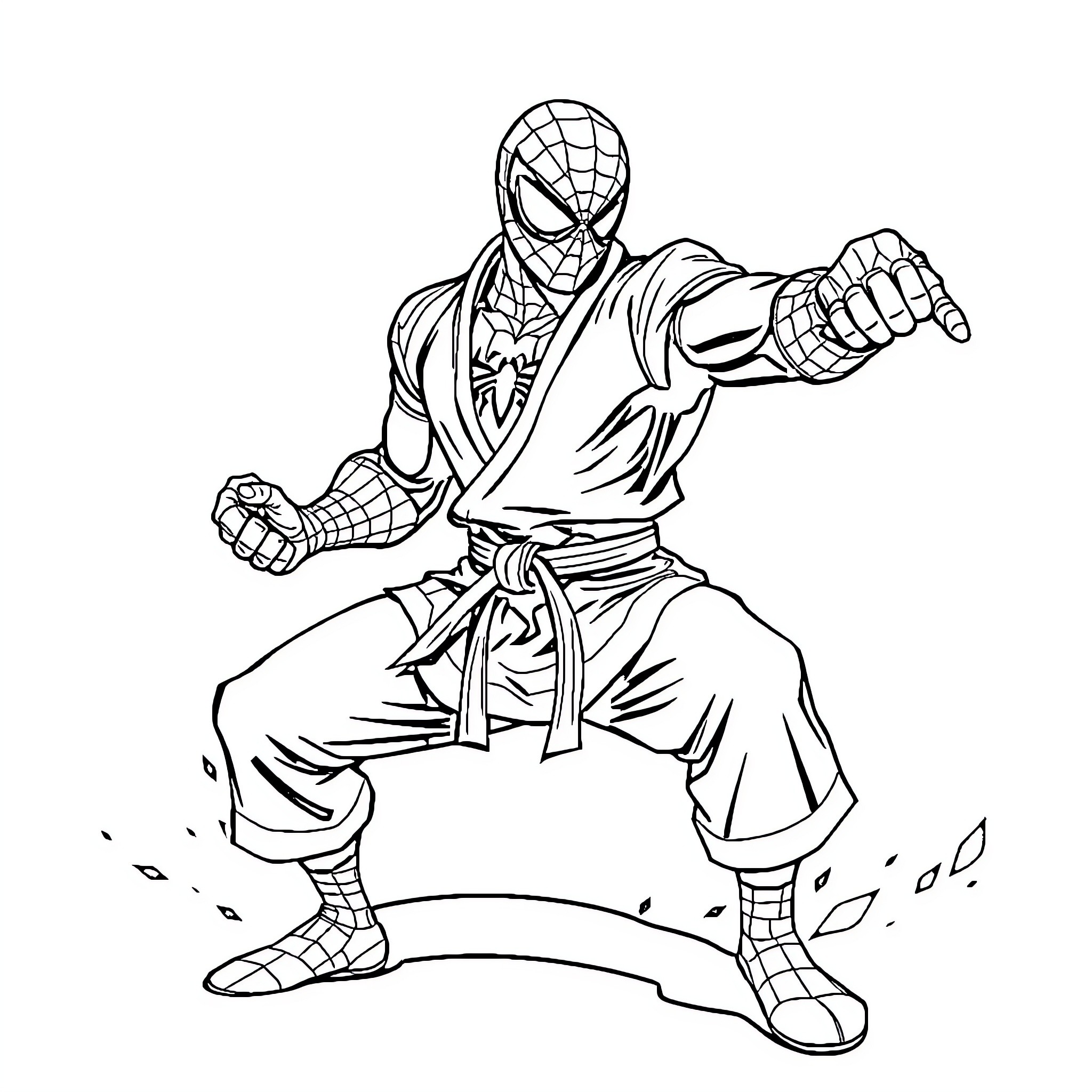 Spiderman in martial arts pose Coloring Page (free black-and-white line drawing printable PDF for all, from beginners to advanced learners, including children, teens, adults, and seniors)