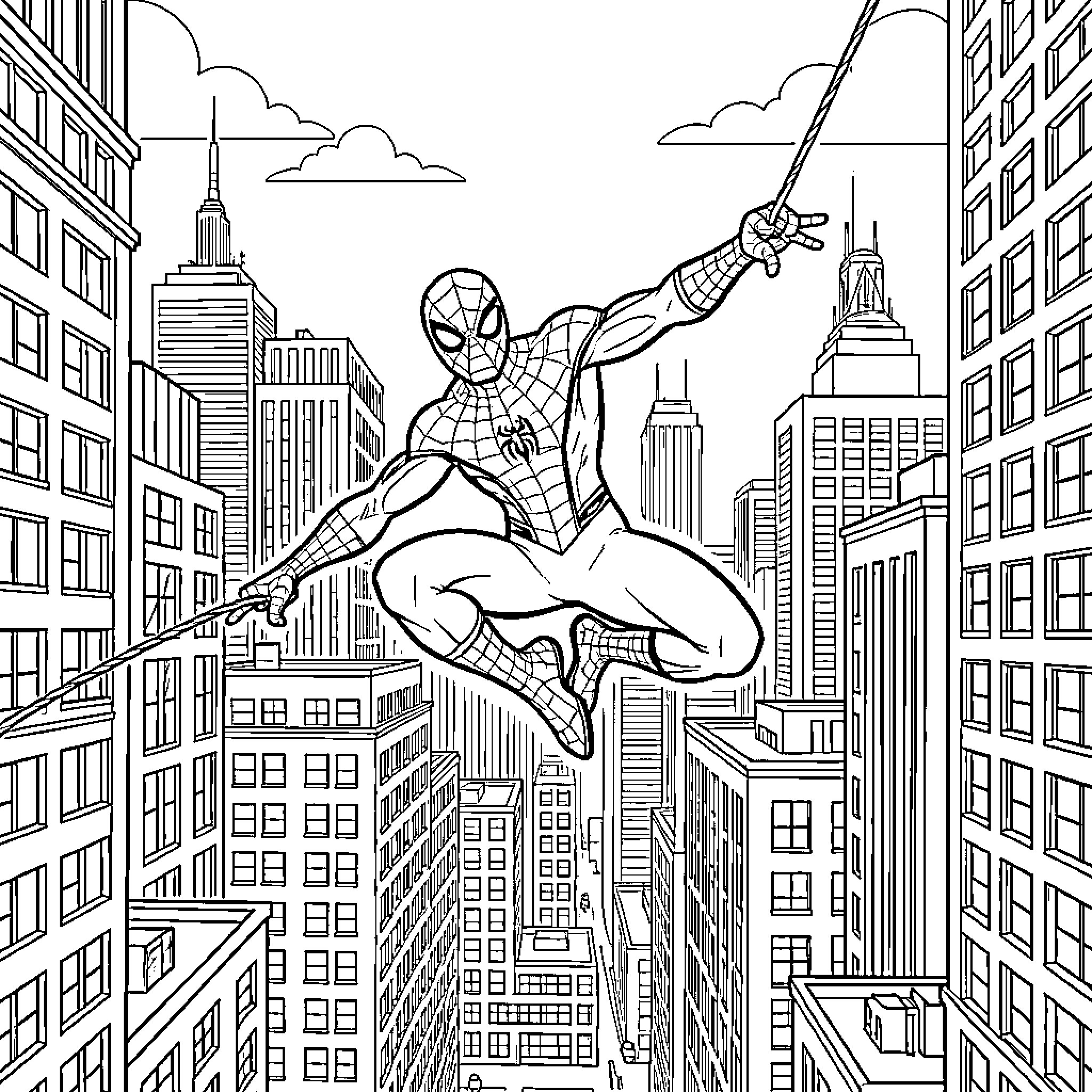 Spiderman swinging through a crowded city skyline Coloring Page (free black-and-white line drawing printable PDF for all, from beginners to advanced learners, including children, teens, adults, and seniors)