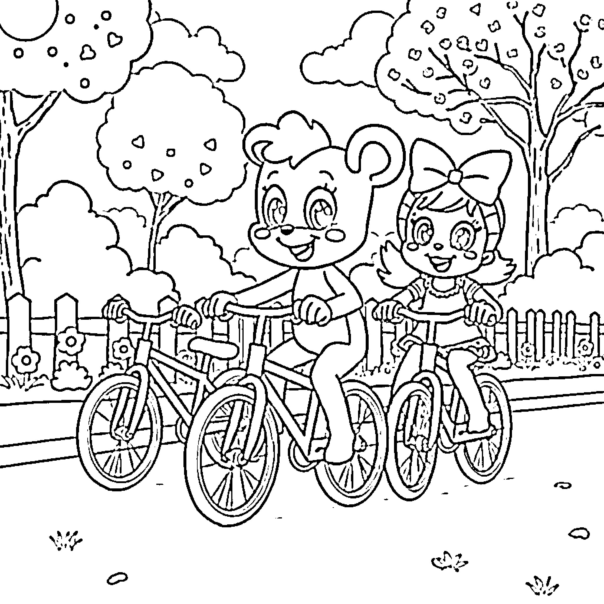 Bluey and Bingo explore the outdoors on bikes Coloring Page (free black-and-white line drawing printable PDF for all, from beginners to advanced learners, including children, teens, adults, and seniors)