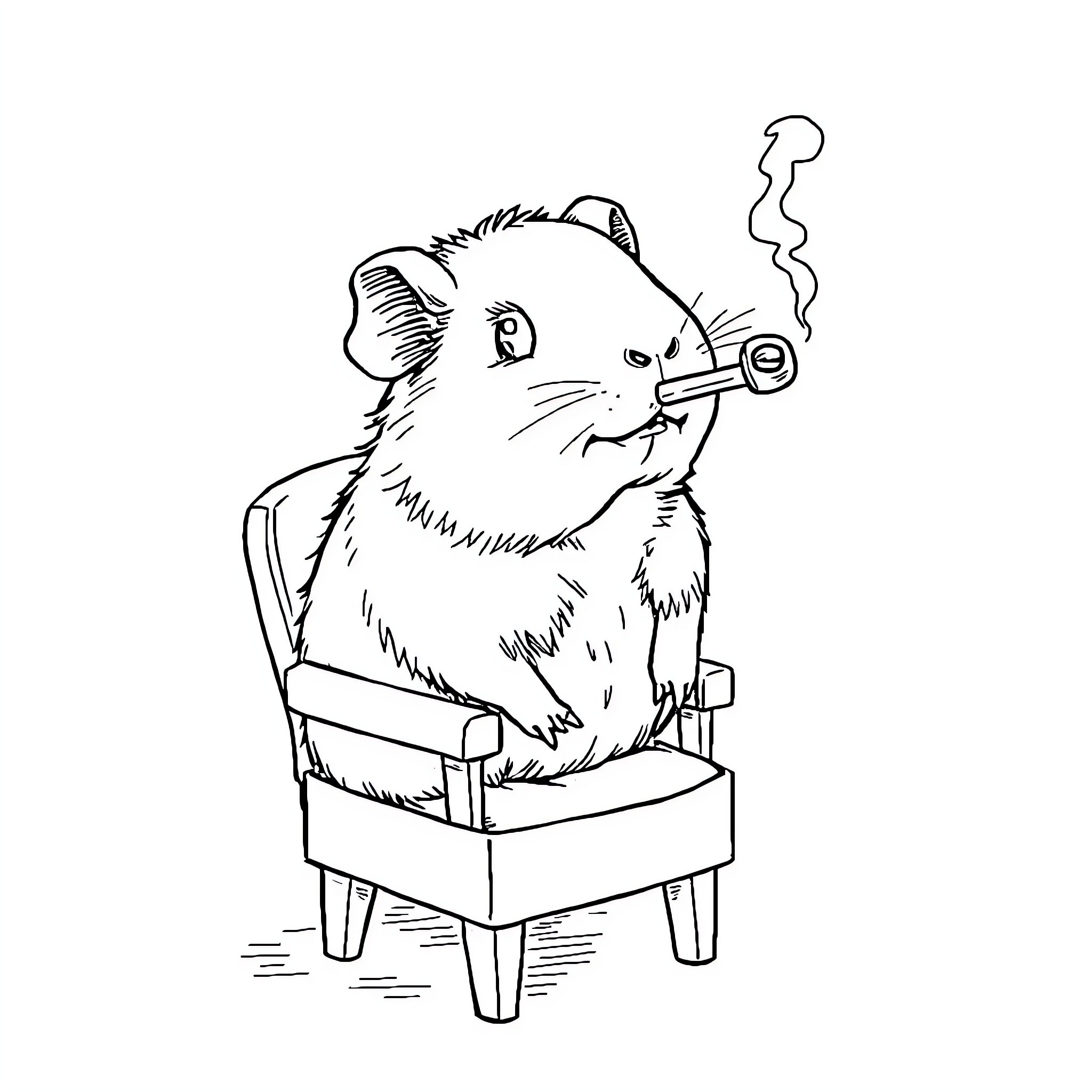 Guinea Pig smoking pipe in armchair Coloring Page (free black-and-white line drawing printable PDF for all, from beginners to advanced learners, including children, teens, adults, and seniors)