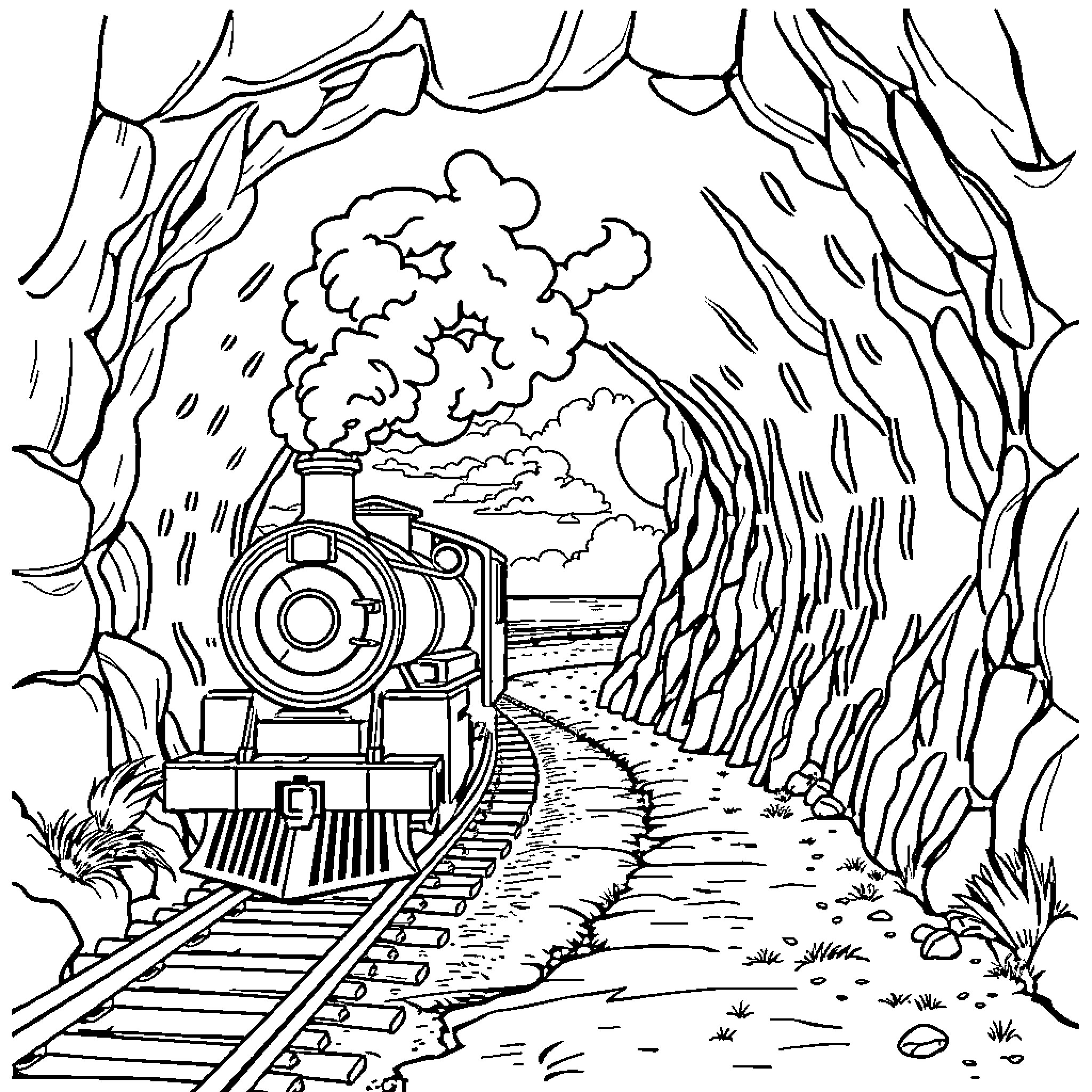 Steam Train Chugging Through a Wooded Landscape Coloring Page (free black-and-white line drawing printable PDF for all, from beginners to advanced learners, including children, teens, adults, and seniors)