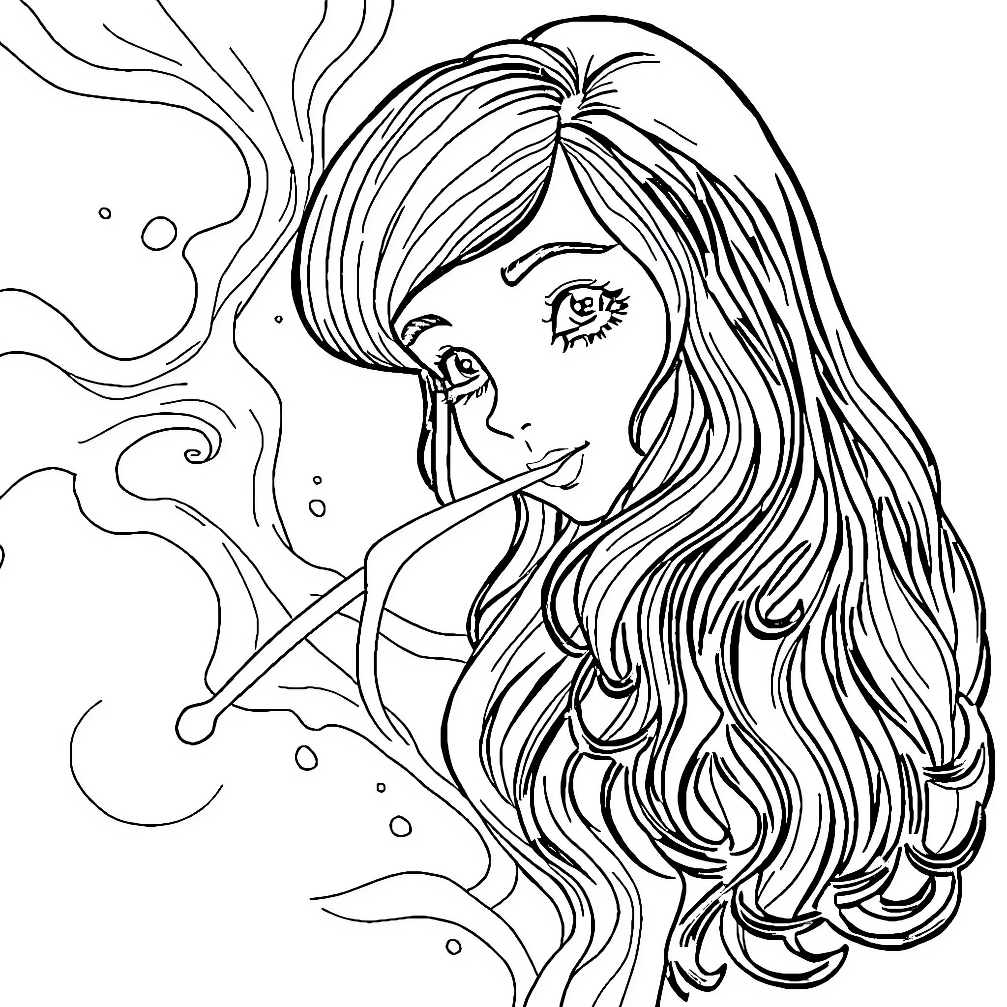 Anya's Enchanting Aquatic Reverie Coloring Page (free black-and-white line drawing printable PDF for all, from beginners to advanced learners, including children, teens, adults, and seniors)