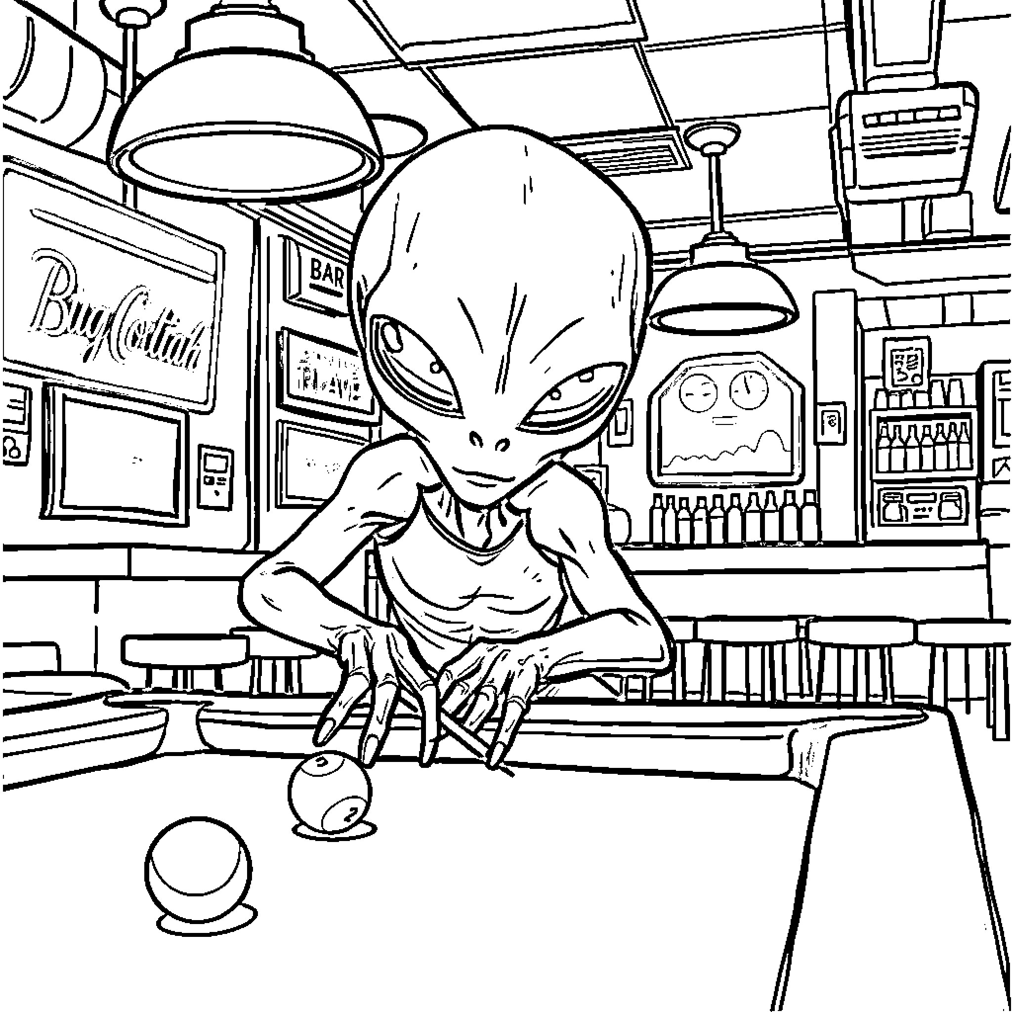 Alien enjoying a casual day at the local cafe Coloring Page (free black-and-white line drawing printable PDF for all, from beginners to advanced learners, including children, teens, adults, and seniors)