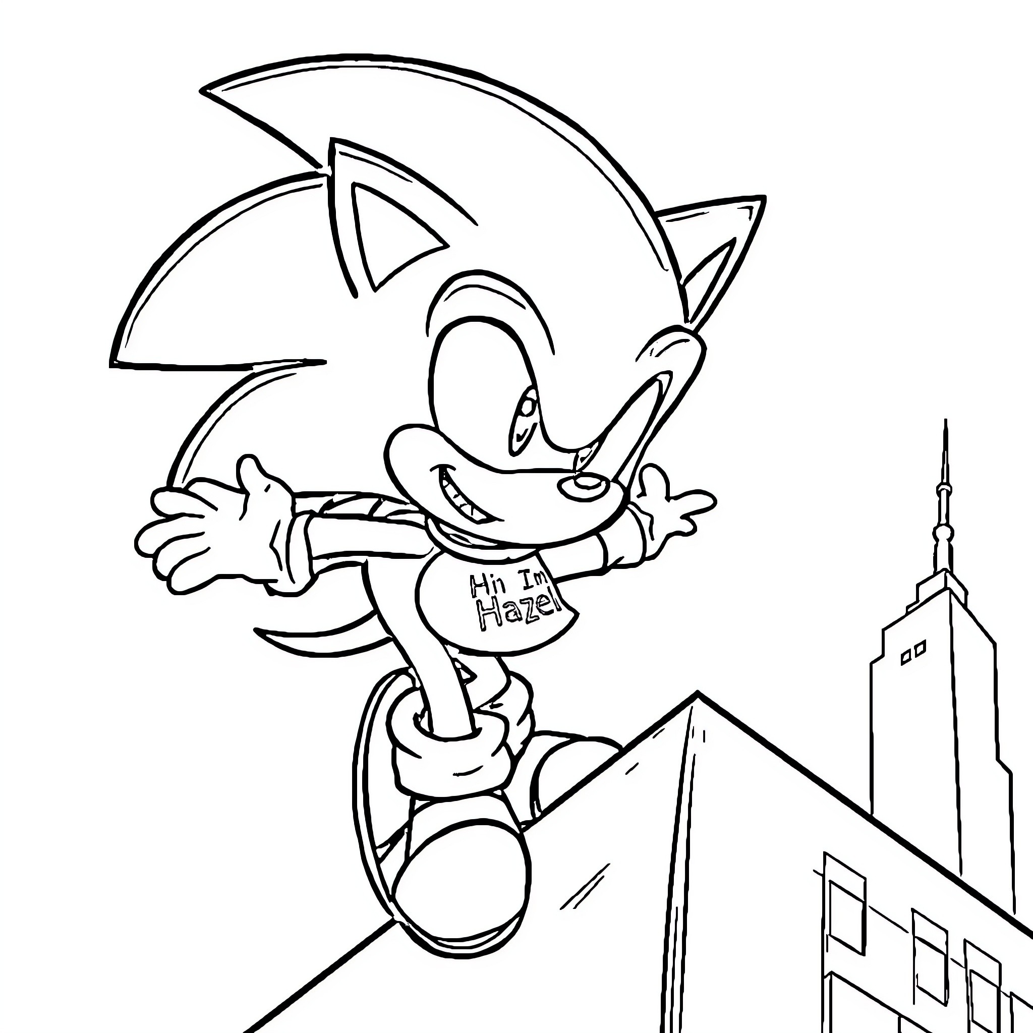 Sonic the Hedgehog running through the city Coloring Page (free black-and-white line drawing printable PDF for all, from beginners to advanced learners, including children, teens, adults, and seniors)