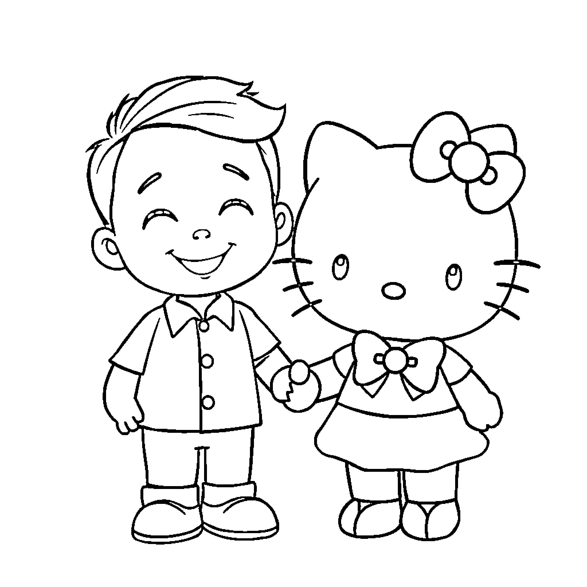 Karol G and Hello Kitty share a playful moment Coloring Page (free black-and-white line drawing printable PDF for all, from beginners to advanced learners, including children, teens, adults, and seniors)